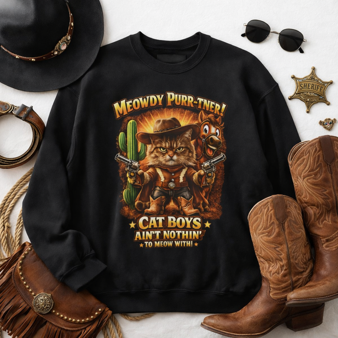 Cat Boys Ain't Nothin' Western Crewneck Sweatshirt — Funny Cowboy Cat Graphic product thumbnail image