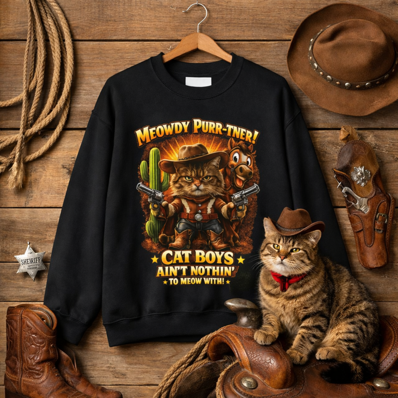 Cat Boys Ain't Nothin' Western Crewneck Sweatshirt — Funny Cowboy Cat Graphic