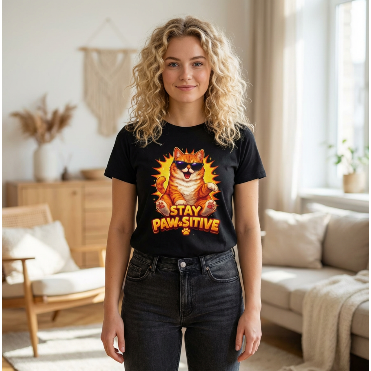 Stay Paw-sitive Cat T-Shirt — Retro Sunburst Cat Graphic Tee product thumbnail image