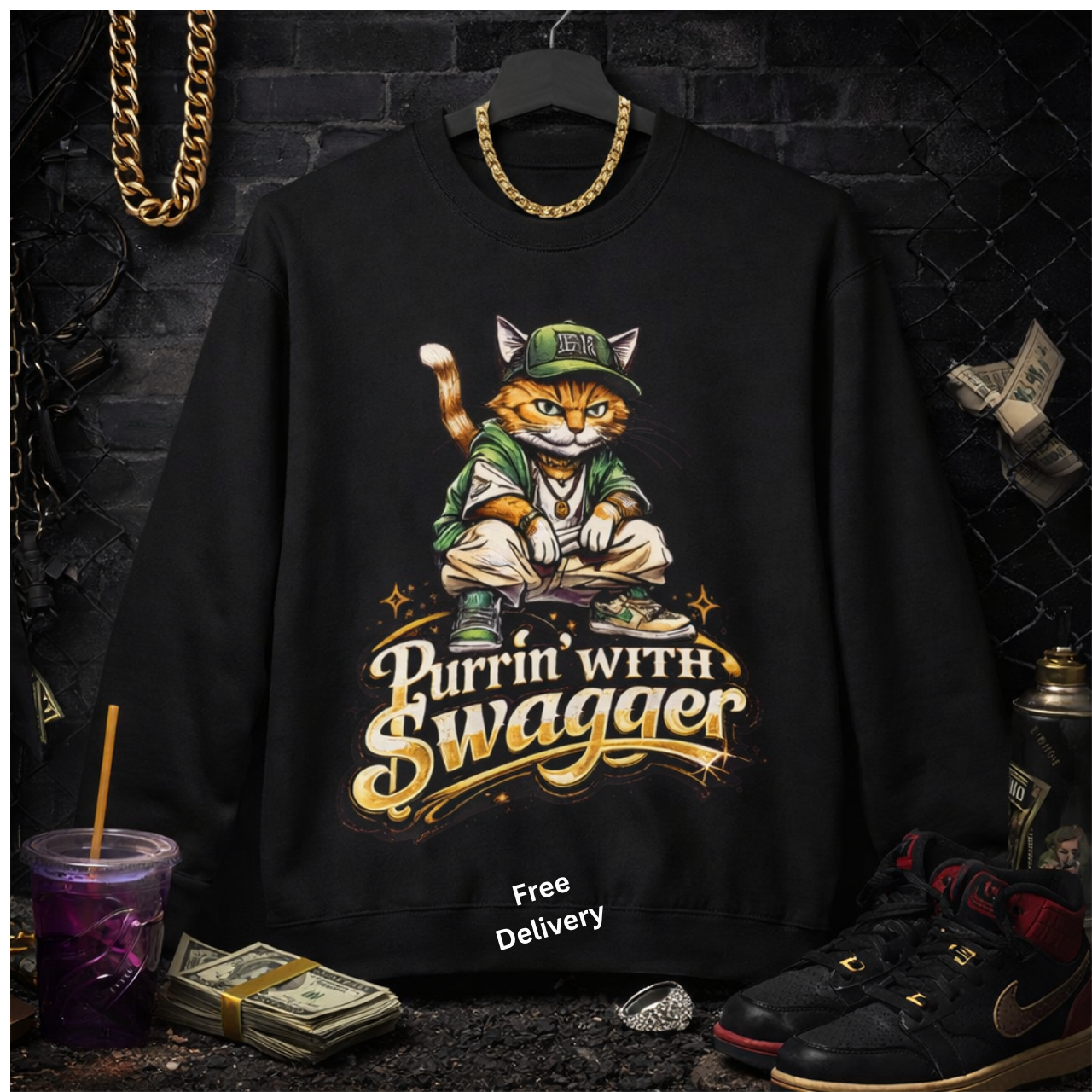 Purrin' With Swagger Sweatshirt — Cool Cat Graphic Crewneck