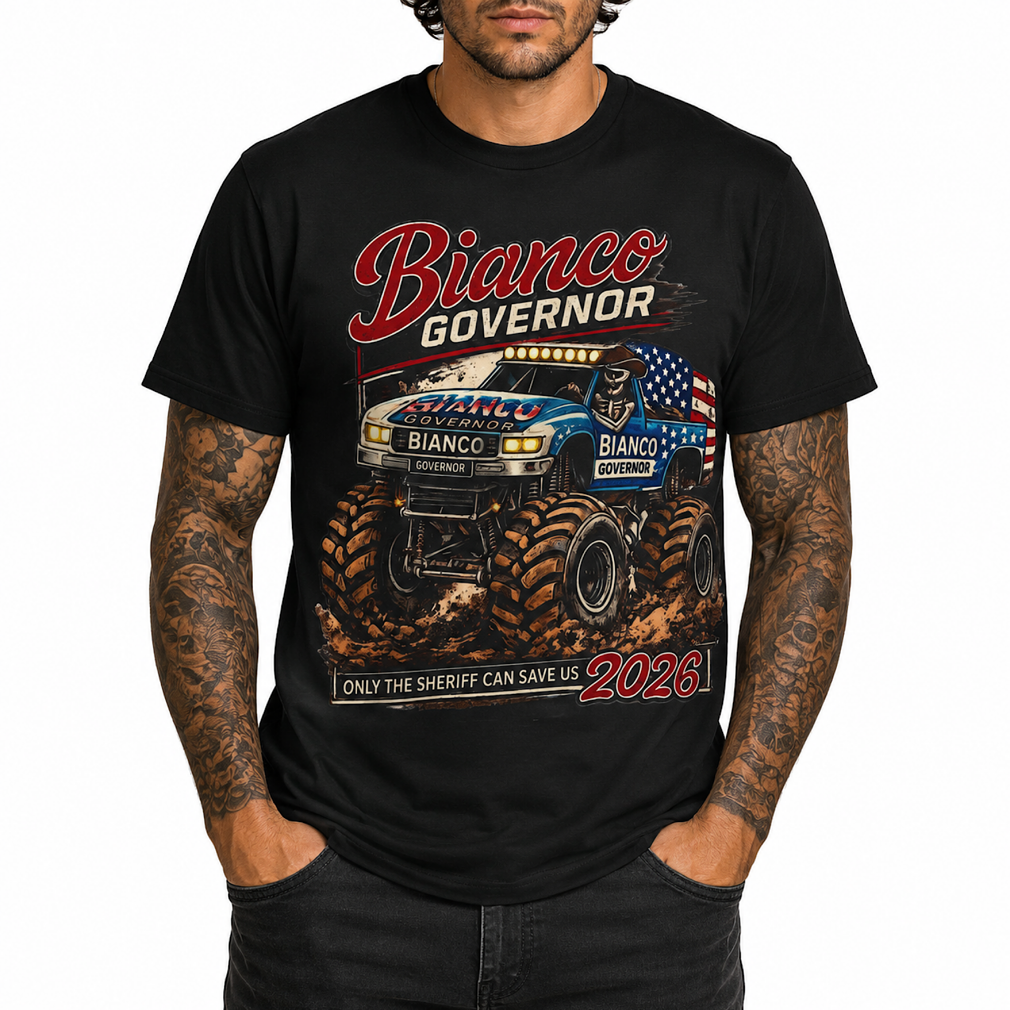 Bianco Governor 2026 Sheriff Monster Truck Shirt Patriotic Offroad Truck Rally Graphic Tee Unisex Men Women Multiple Colors  product thumbnail image