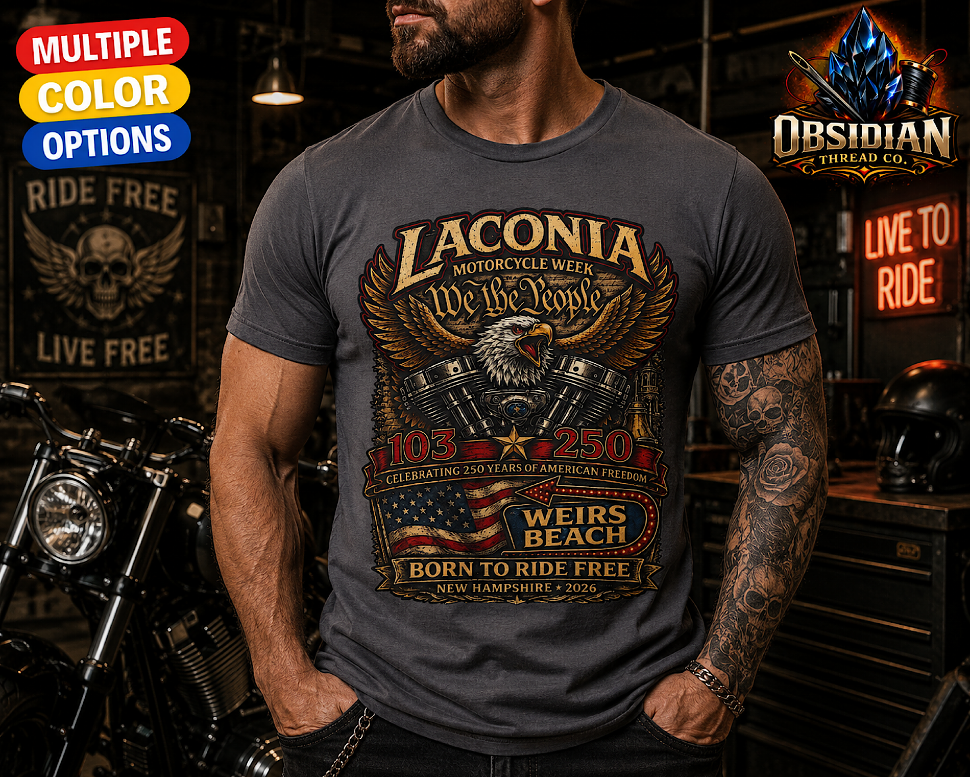 2026 Laconia Motorcycle Week Shirt America 250 Weirs Beach Biker Bike Week Tee product thumbnail image