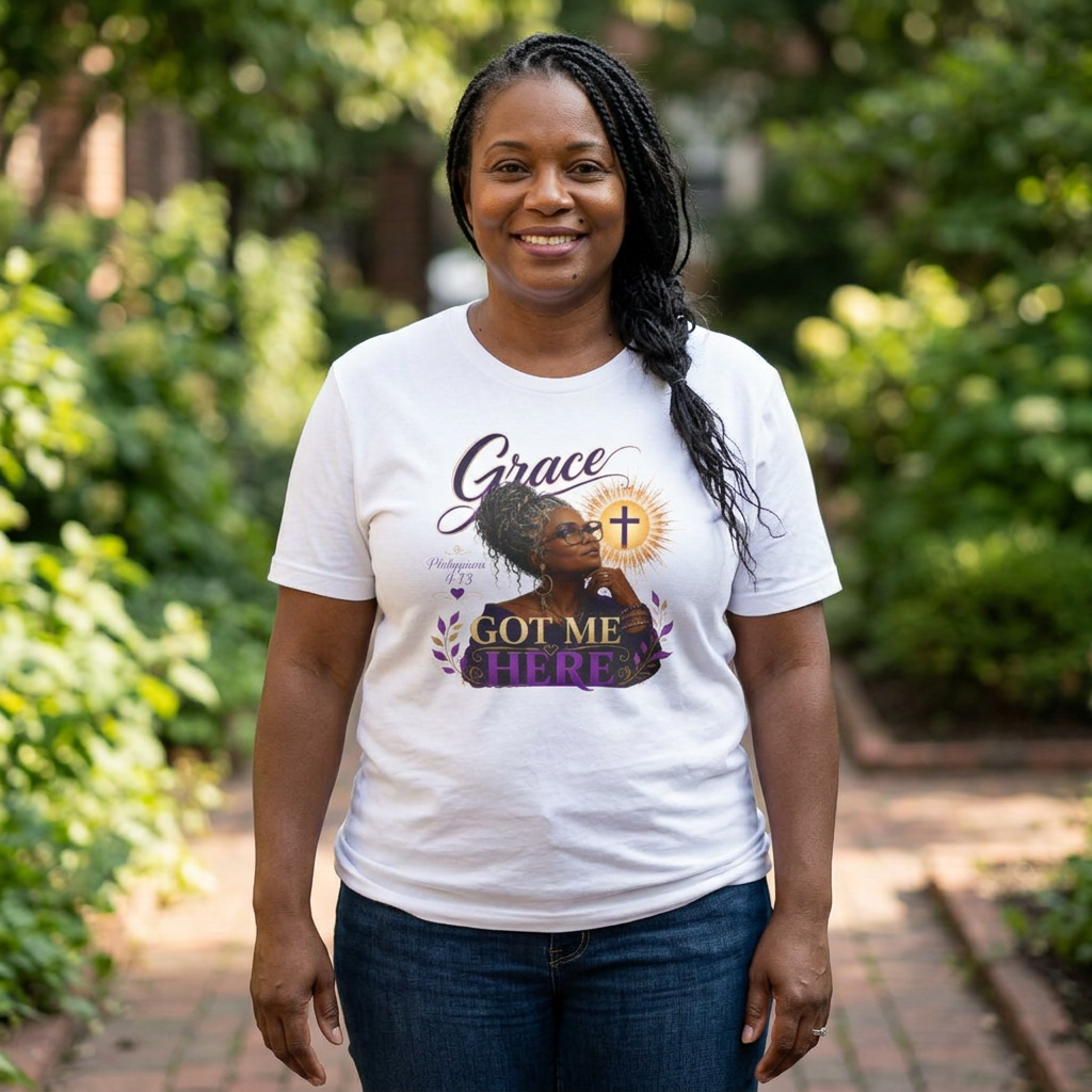 Grace Got Me Here Women's Christian Tee — Inspirational Faith Shirt product thumbnail image Grace Got Me Here Women's Christian Tee — Inspirational Faith Shirt product thumbnail image