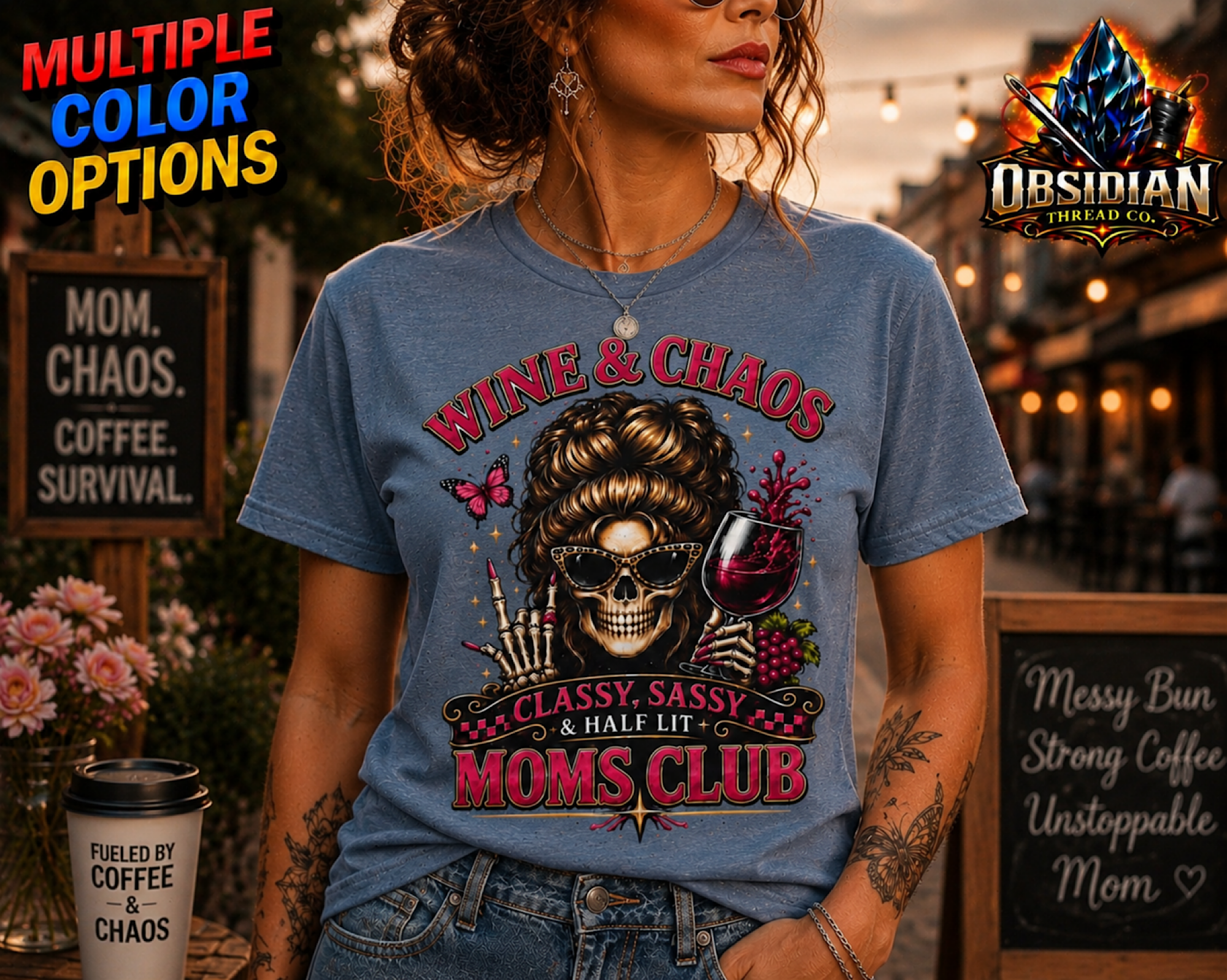 Wine &amp; Chaos Moms Club Shirt Mom Wine Lover Tee Classy Sassy Half Lit T-Shirt