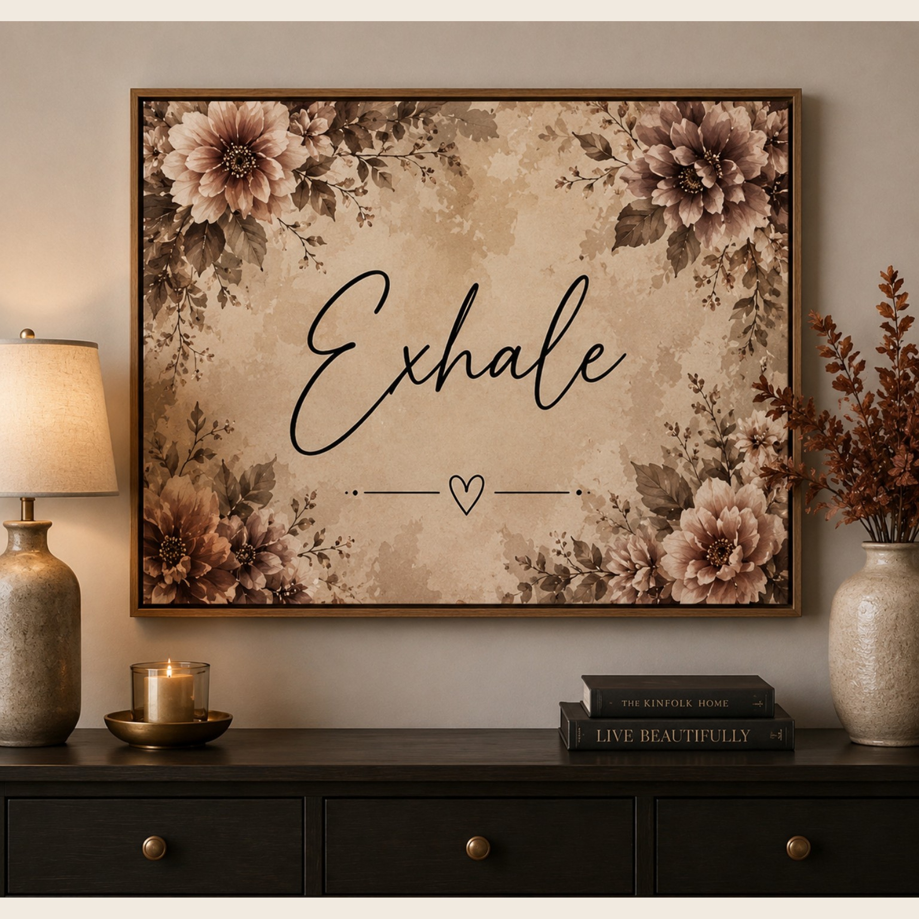 Exhale Matte Canvas Wall Art – Neutral Floral Stretched Canvas