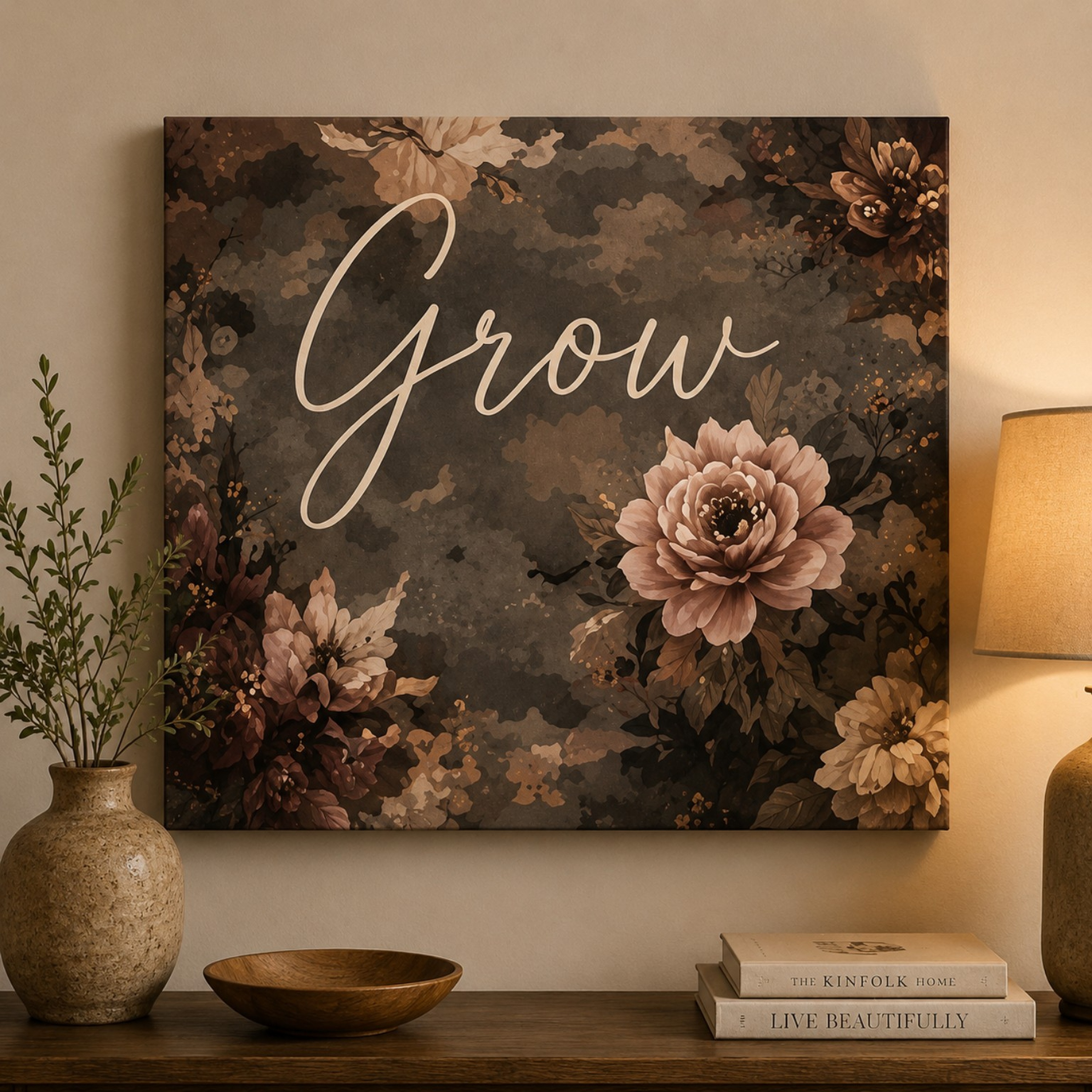 Grow Floral Canvas Wall Art – Inspirational Stretched Matte Print