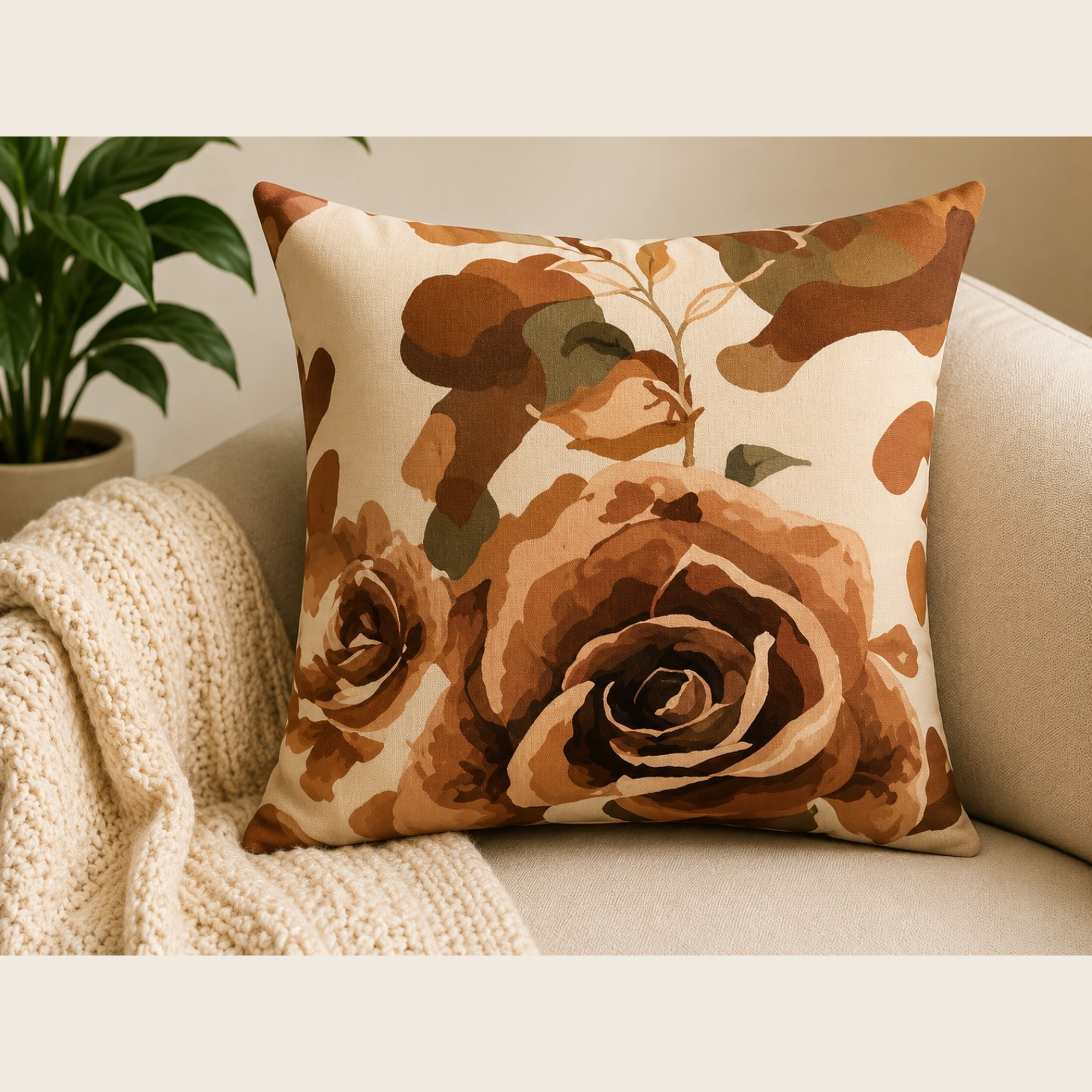 Camouflage Rose Throw Pillow — Neutral Floral Decorative Pillow