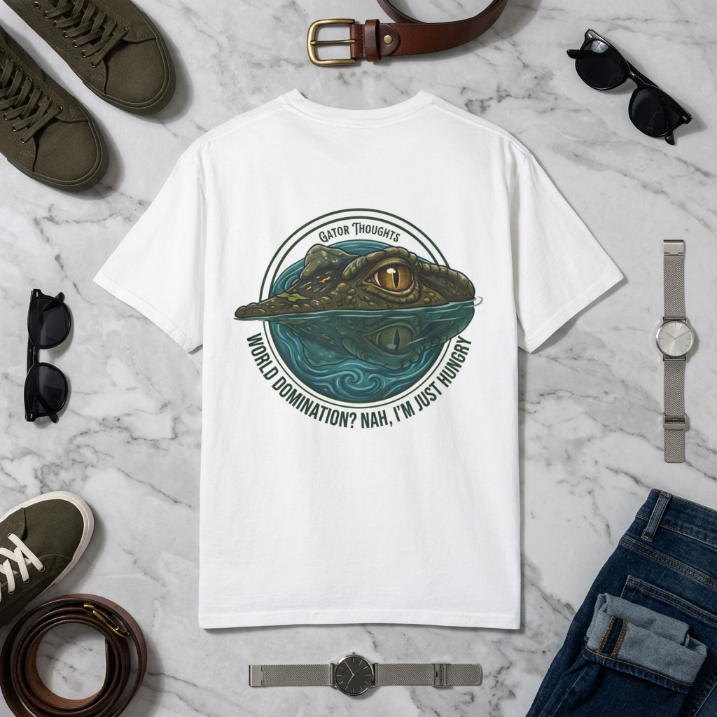 Gator Thoughts T-Shirt — 'World Domination? Nah, I'm Just Hungry' Graphic product thumbnail image Gator Thoughts T-Shirt — 'World Domination? Nah, I'm Just Hungry' Graphic product thumbnail image