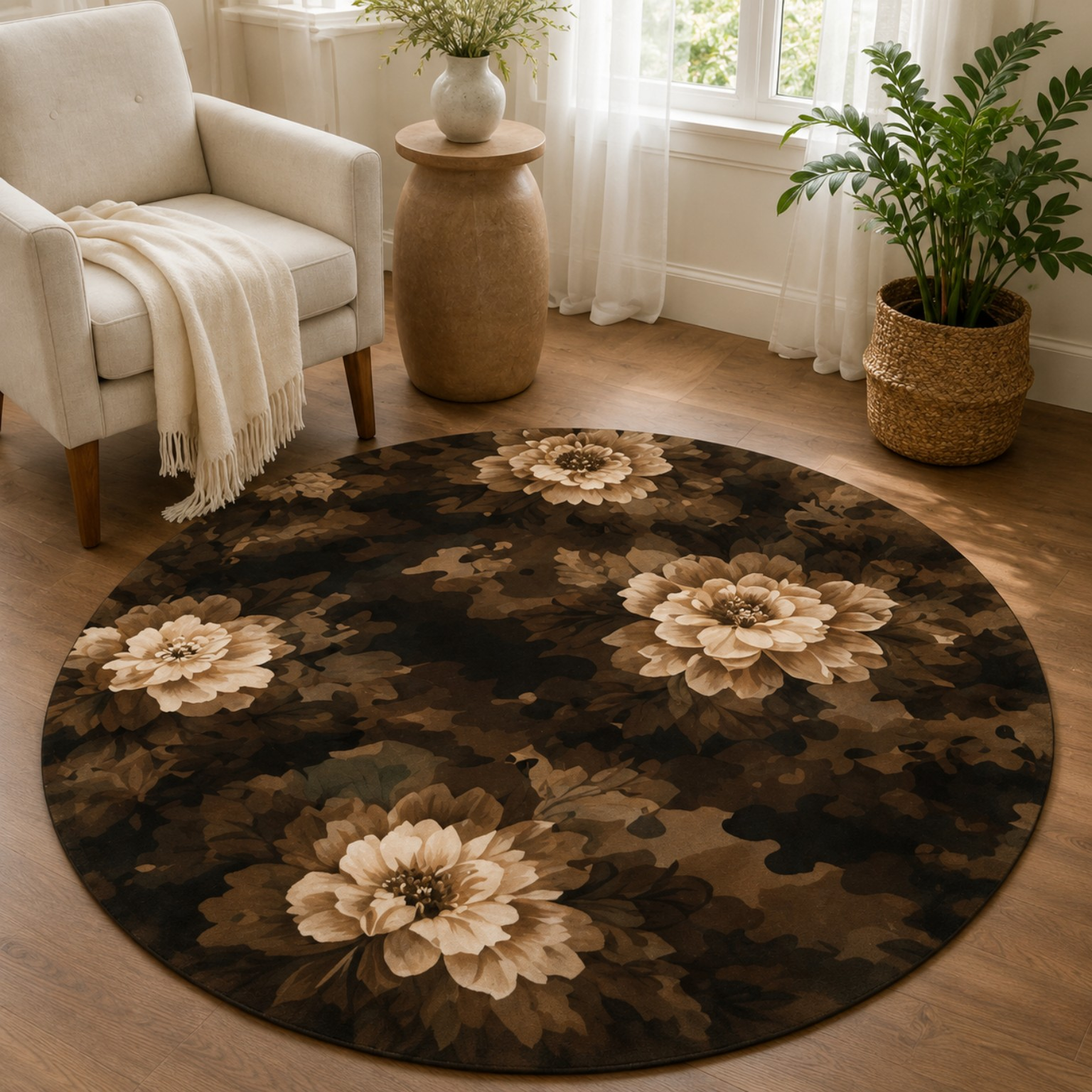 Vintage Sepia Floral Camo Round Rug product thumbnail image