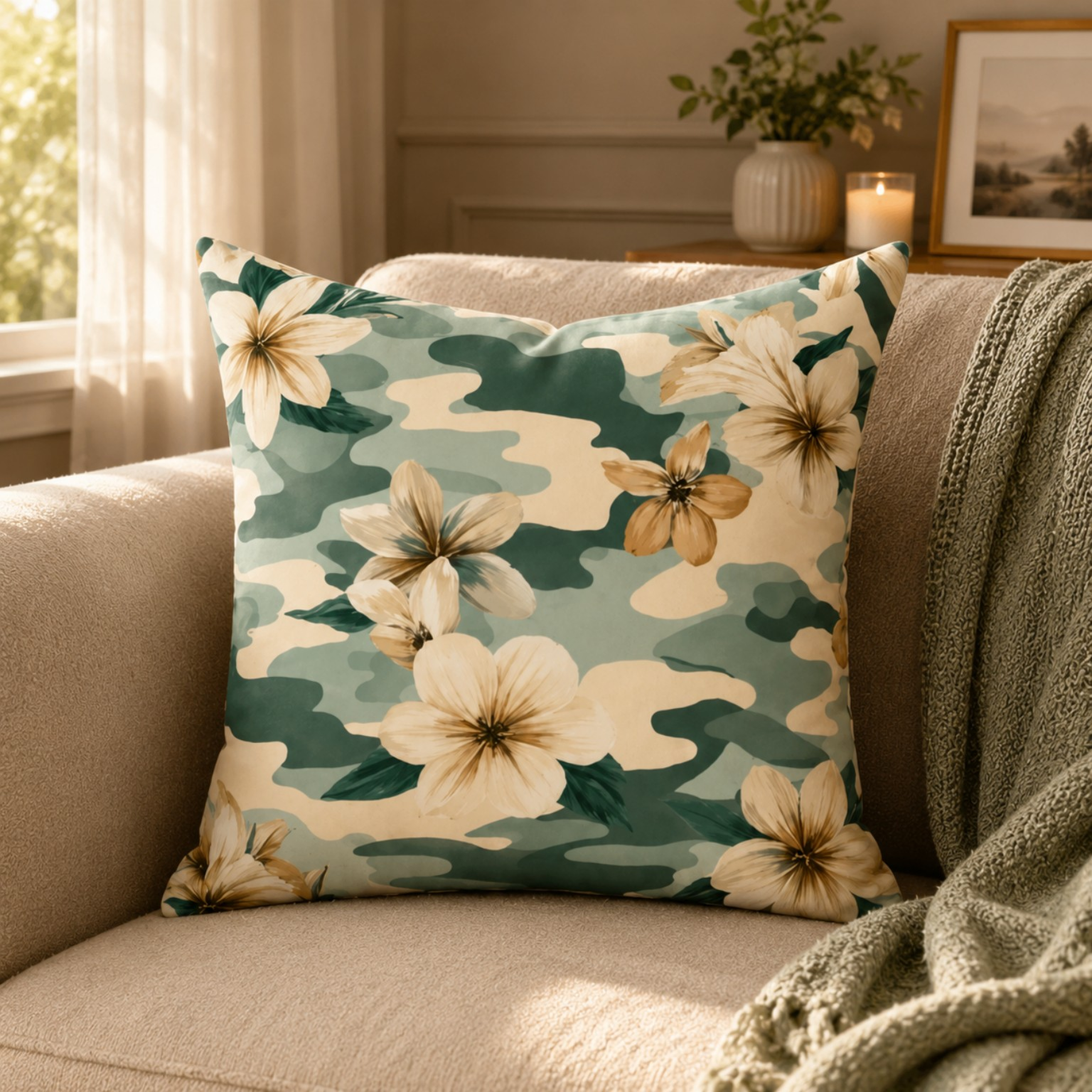 Floral Camo Square Pillow — Green Camouflage Hibiscus Decorative Throw Pillow