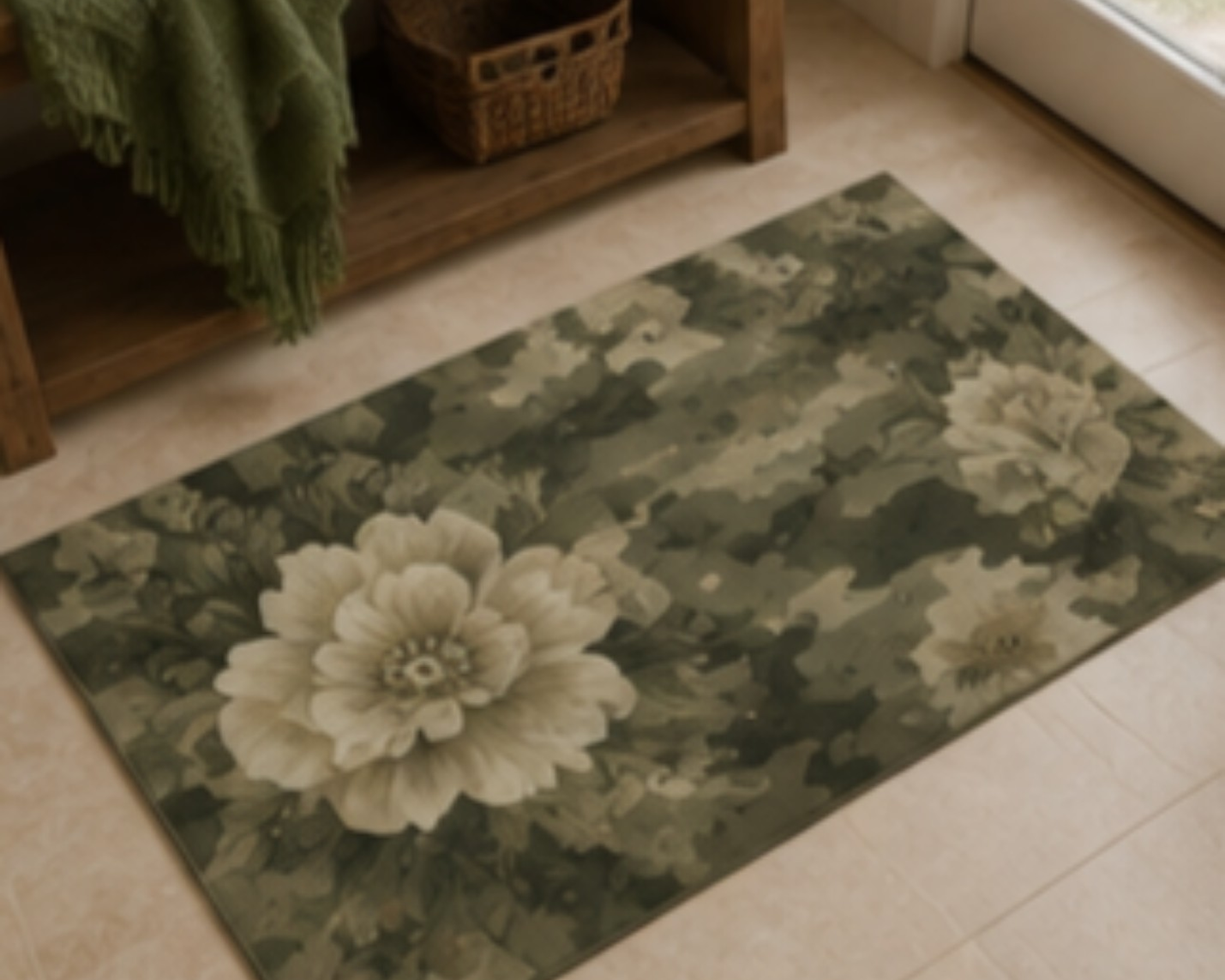 Camouflage Floral Outdoor Rug — Vintage Green Camo Patio Mat product thumbnail image