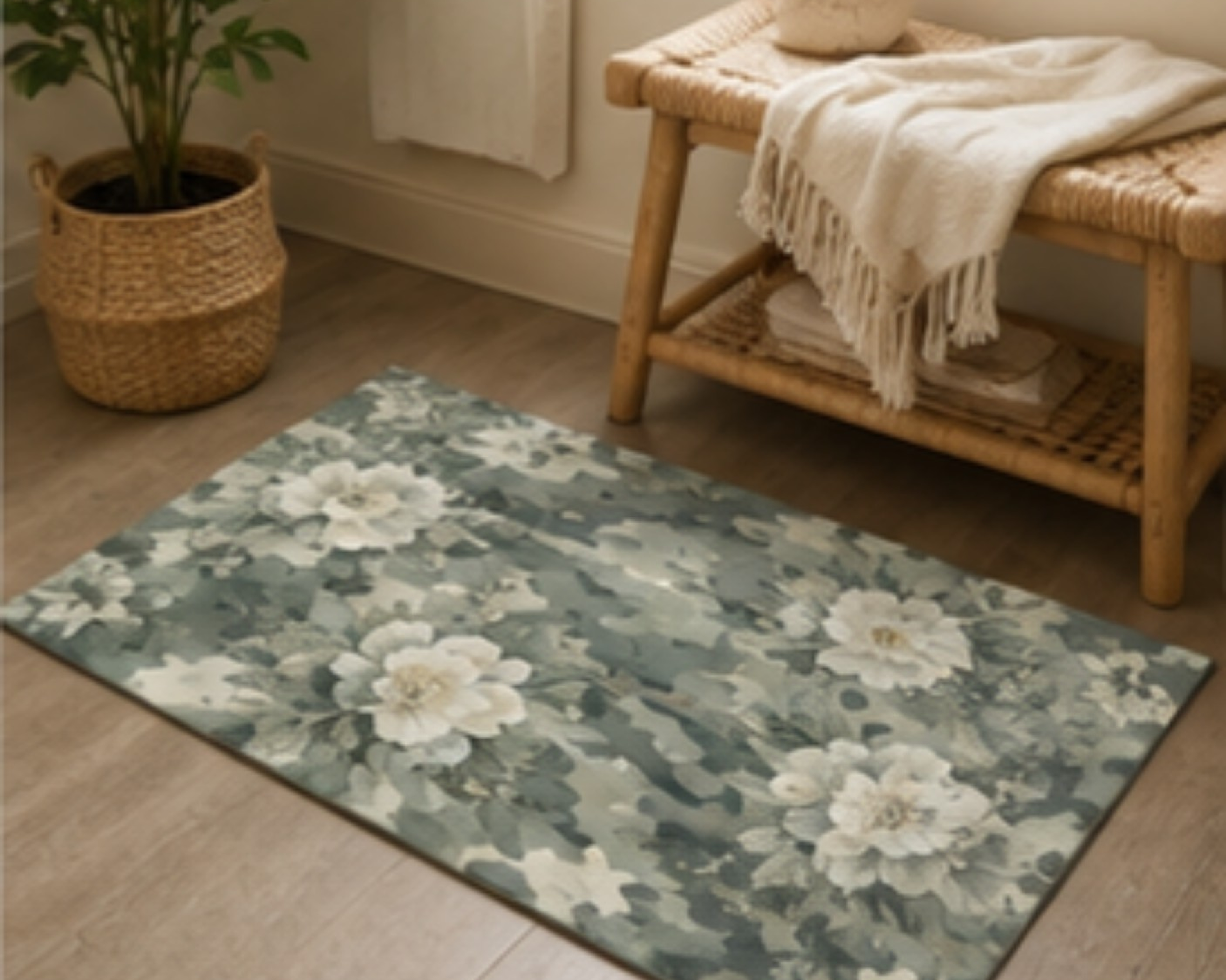 Floral Camouflage Area Rug — Soft Blue Grey Vintage Rose Accent Rug