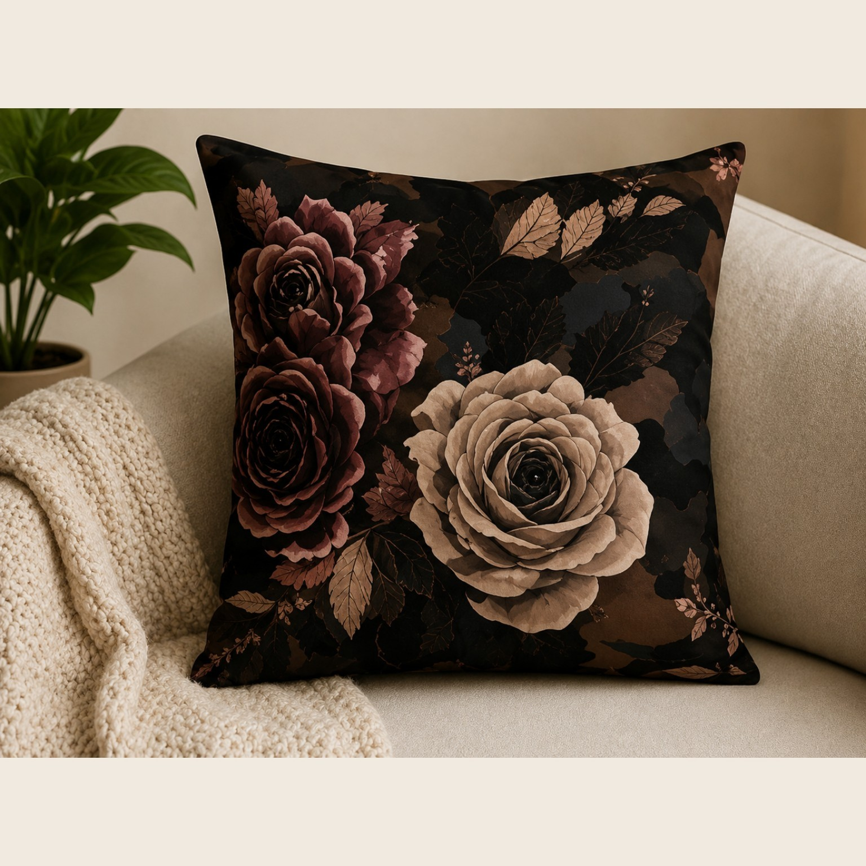 Vintage Rose Camo Decorative Throw Pillow — Neutral Floral Accent