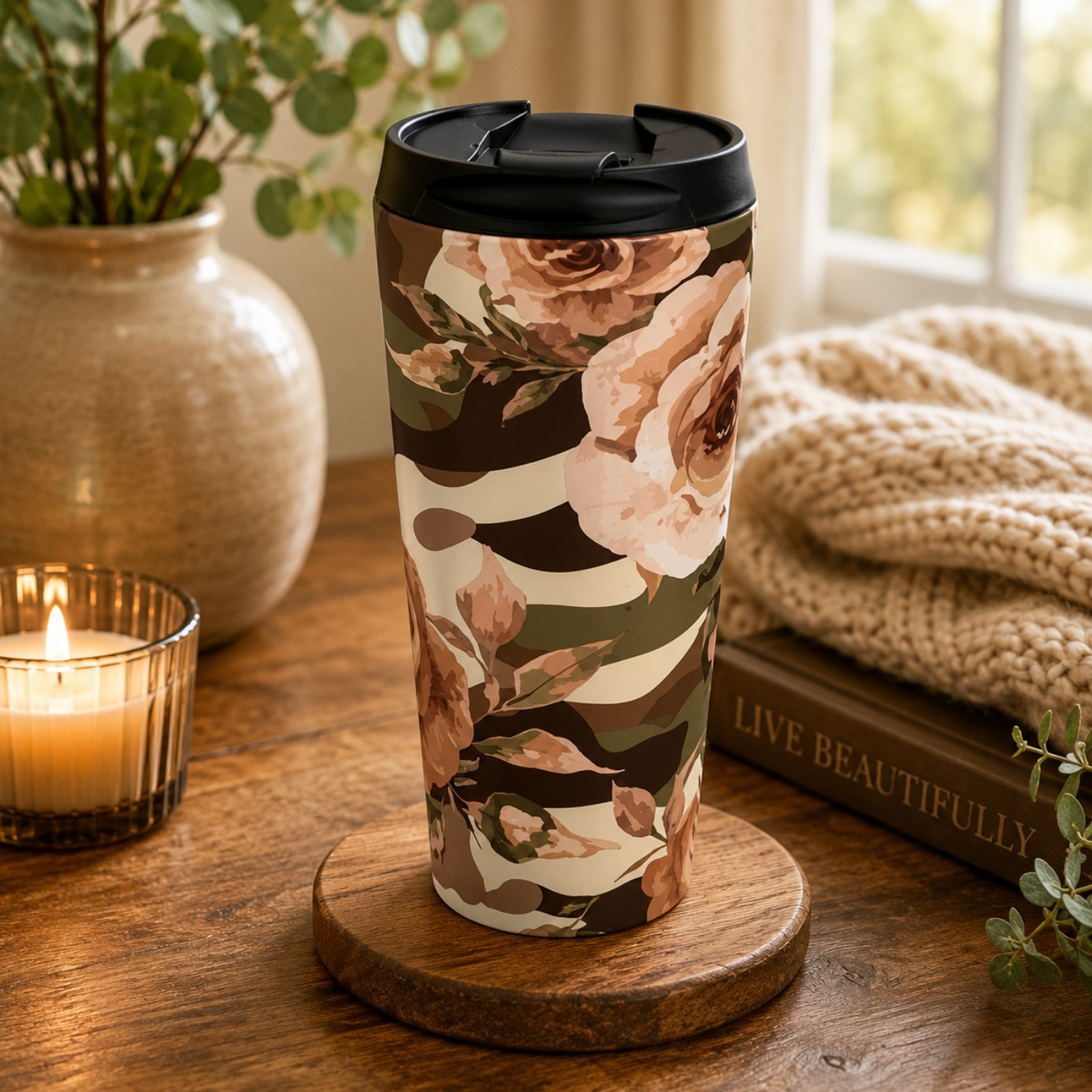 Floral Camo Stainless Steel Travel Mug — Rose Camo Insulated Coffee Tumbler product thumbnail image Floral Camo Stainless Steel Travel Mug — Rose Camo Insulated Coffee Tumbler product thumbnail image