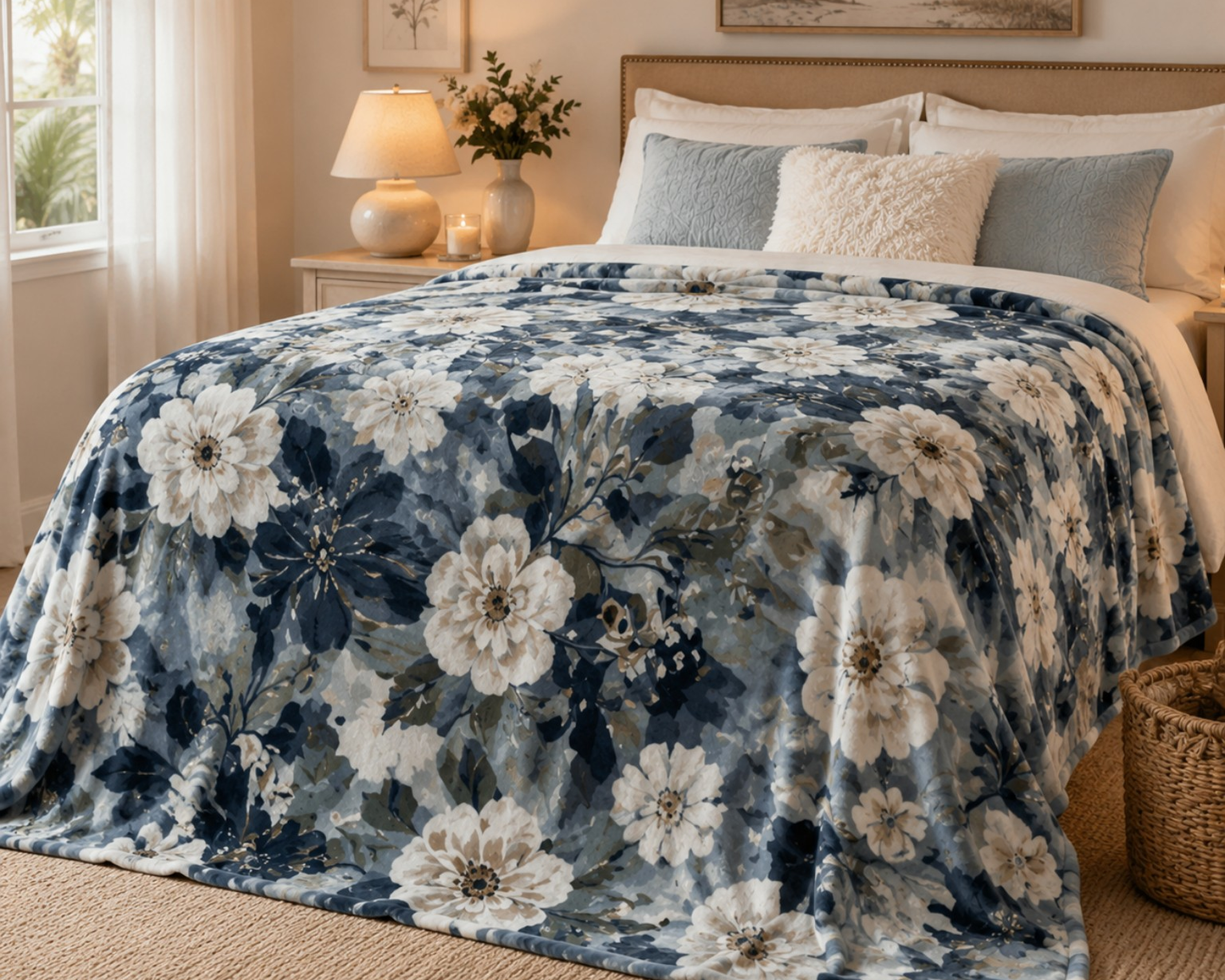 Velveteen Plush Blanket — Blue Camouflage Floral Cozy Throw