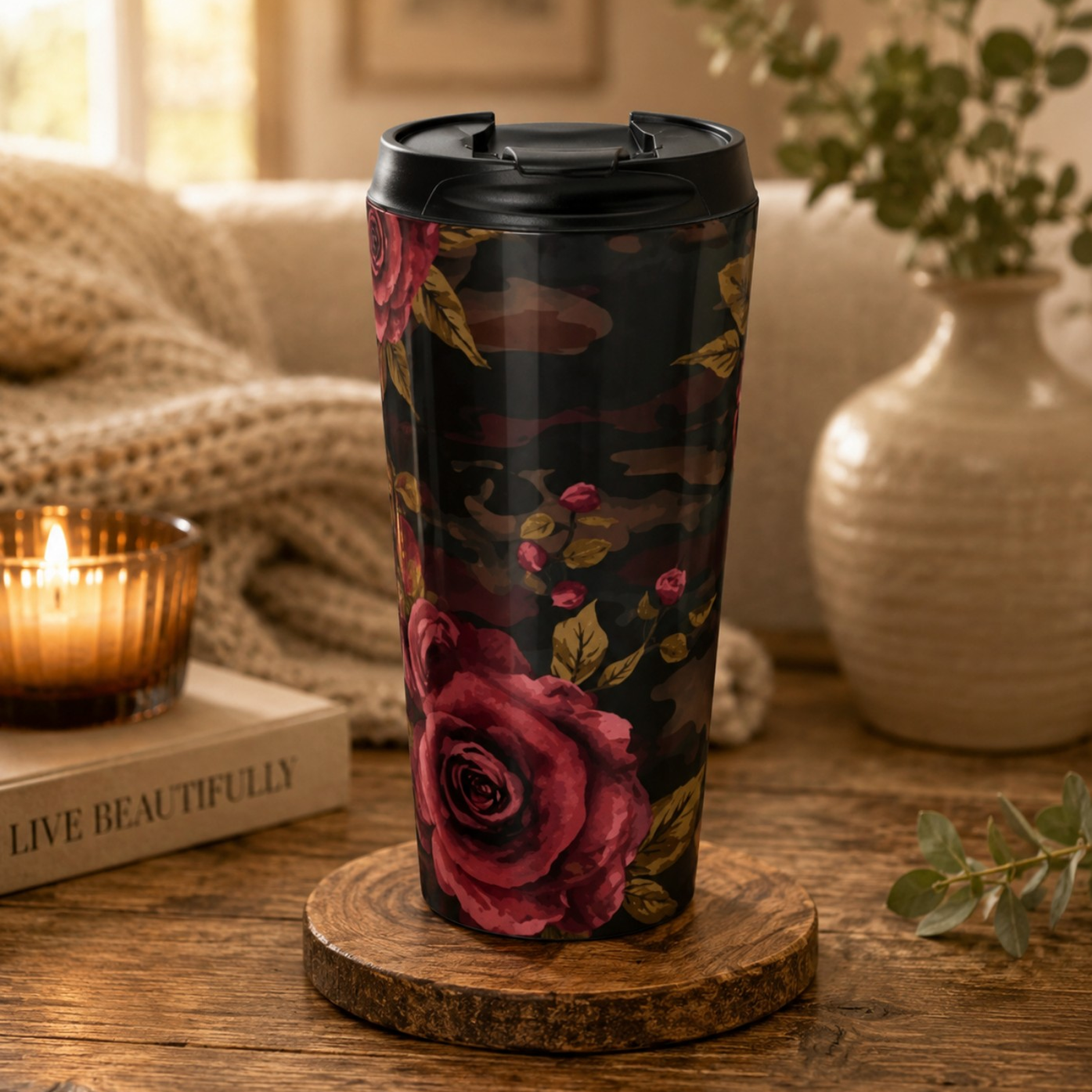 Floral Rose Stainless Steel Travel Mug — Dark Vintage Red Roses Design product thumbnail image Floral Rose Stainless Steel Travel Mug — Dark Vintage Red Roses Design product thumbnail image