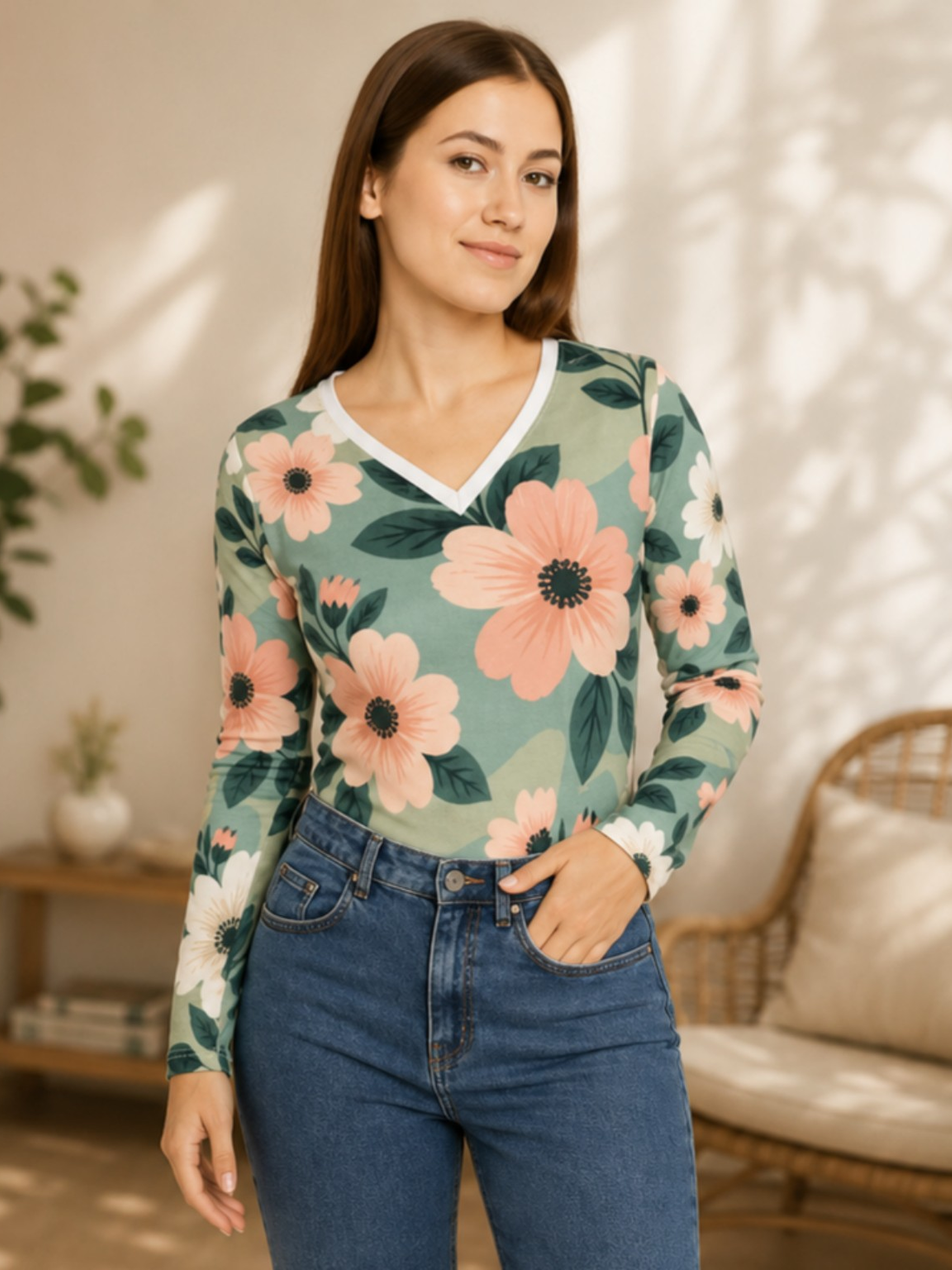 Women's Shirt, Floral Camo V-Neck witTITLE: Floral Camo V-Neck Long Sleeve Shirt by Petal Ops | Floral Camouflage Top for Women | Soft Lightweight Tee  DESCRIPTION: A statement of strength and style...