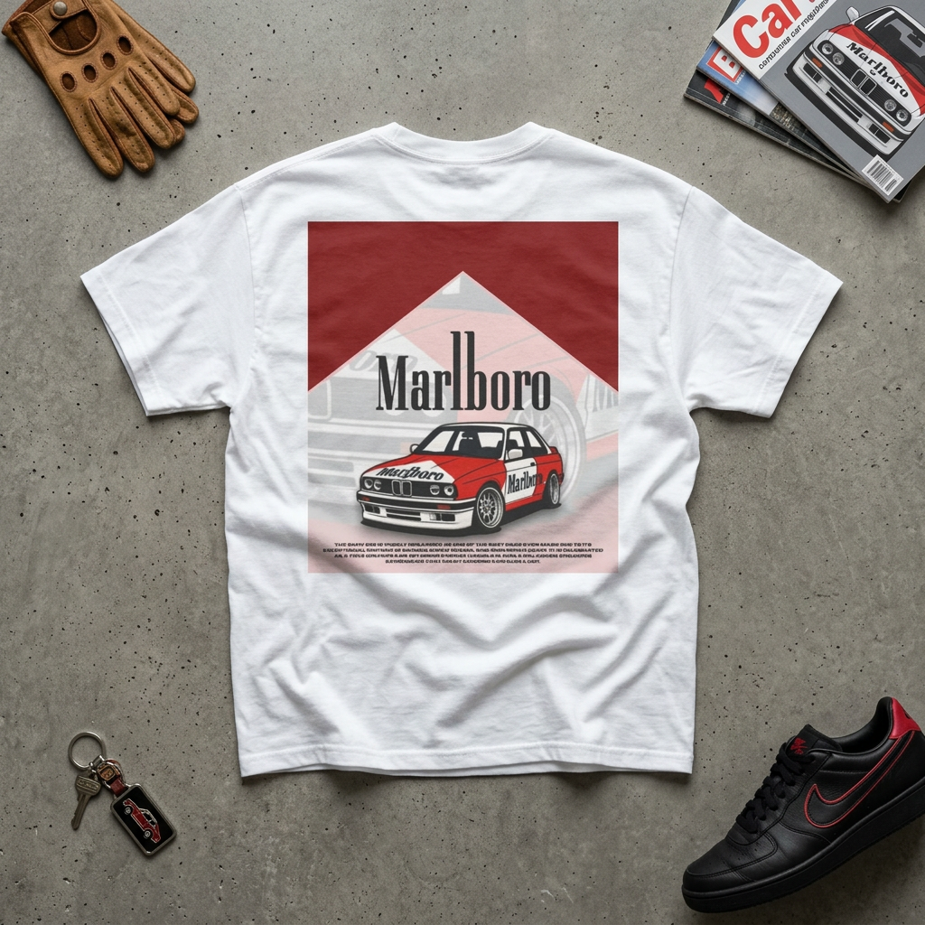 Racing Marlboro Graphic Tee — Vintage Rally Car Print product thumbnail image Racing Marlboro Graphic Tee — Vintage Rally Car Print product thumbnail image