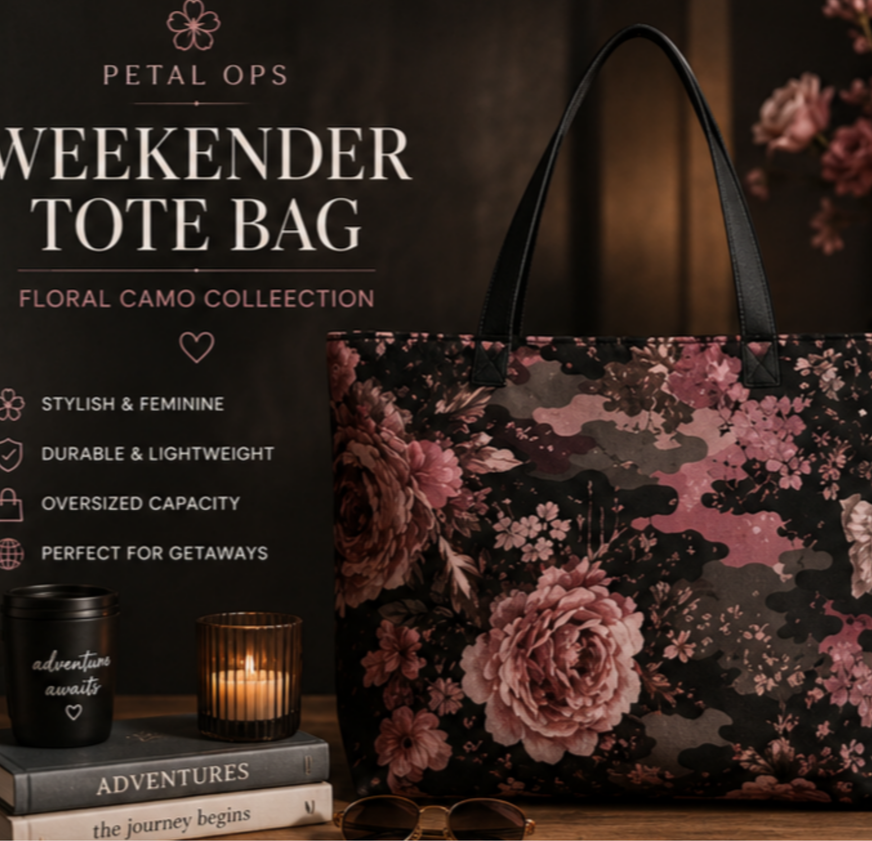 Floral Camo Weekender Tote Bag — Pink Rose Camouflage Travel Bag product thumbnail image Floral Camo Weekender Tote Bag — Pink Rose Camouflage Travel Bag product thumbnail image