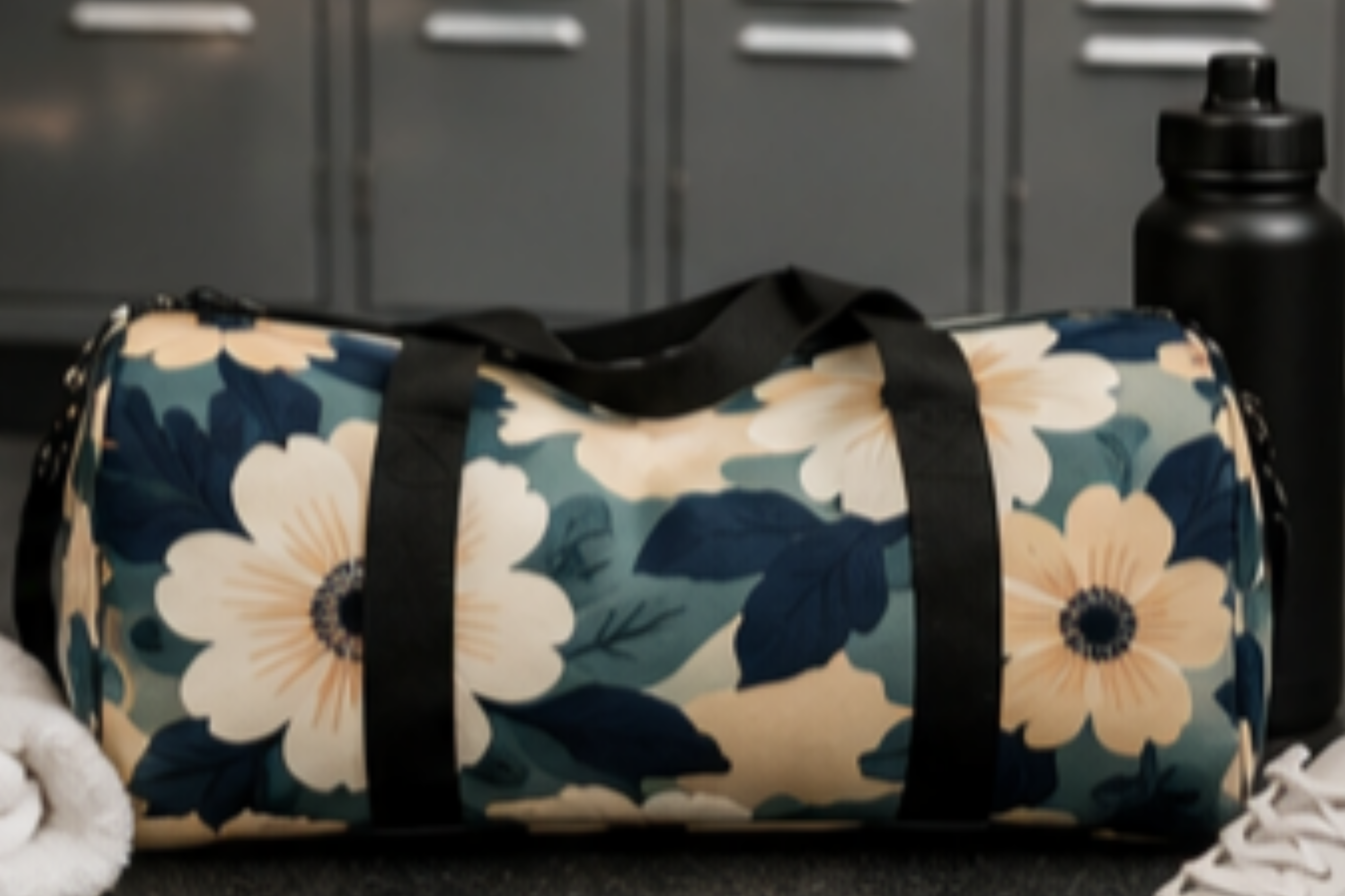 Navy Cream Floral Duffel Bag | Floral Pattern Travel Bag product thumbnail image