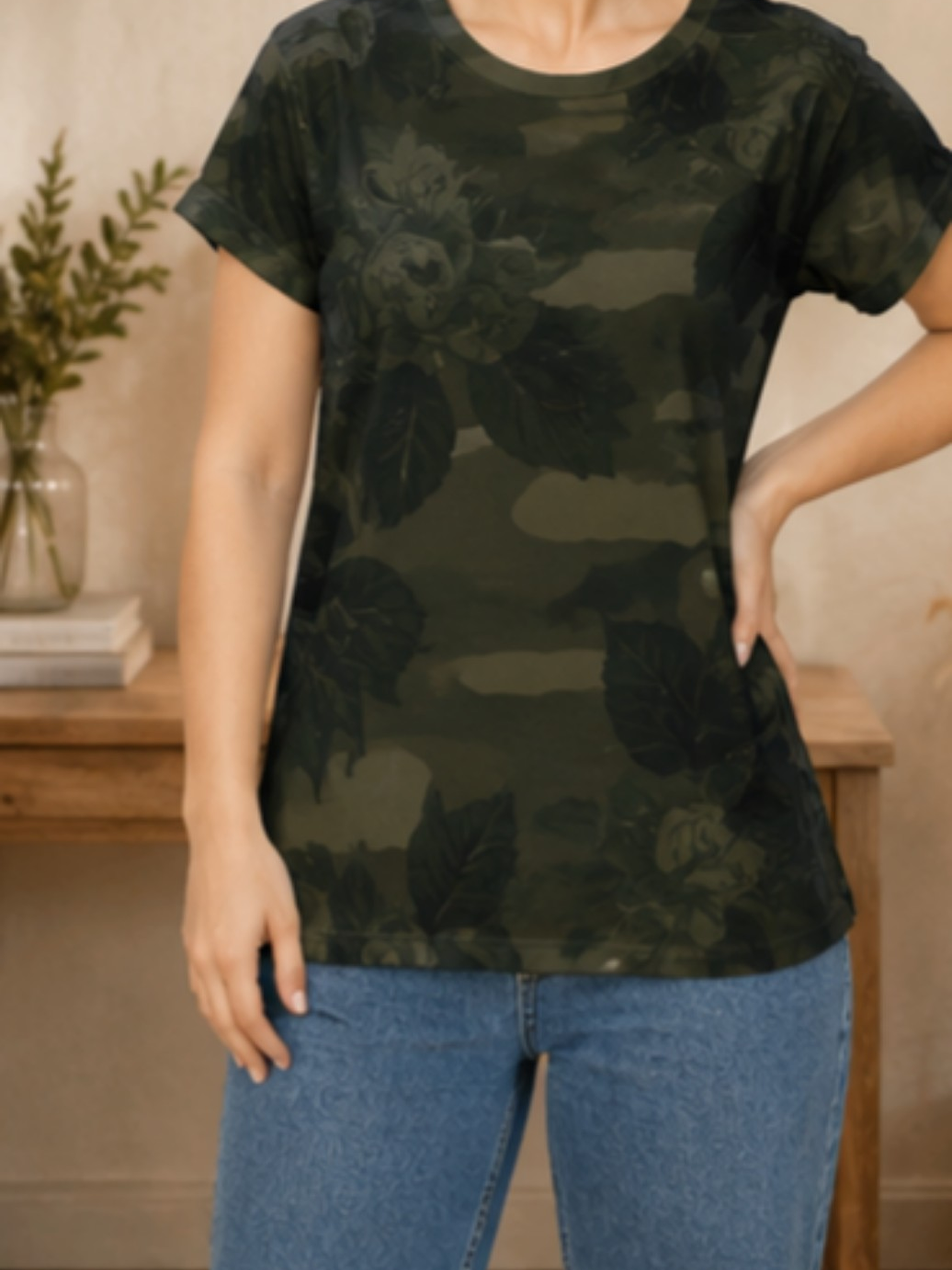 Camo Rose Women's Tee — Floral Camouflage Short Sleeve Shirt