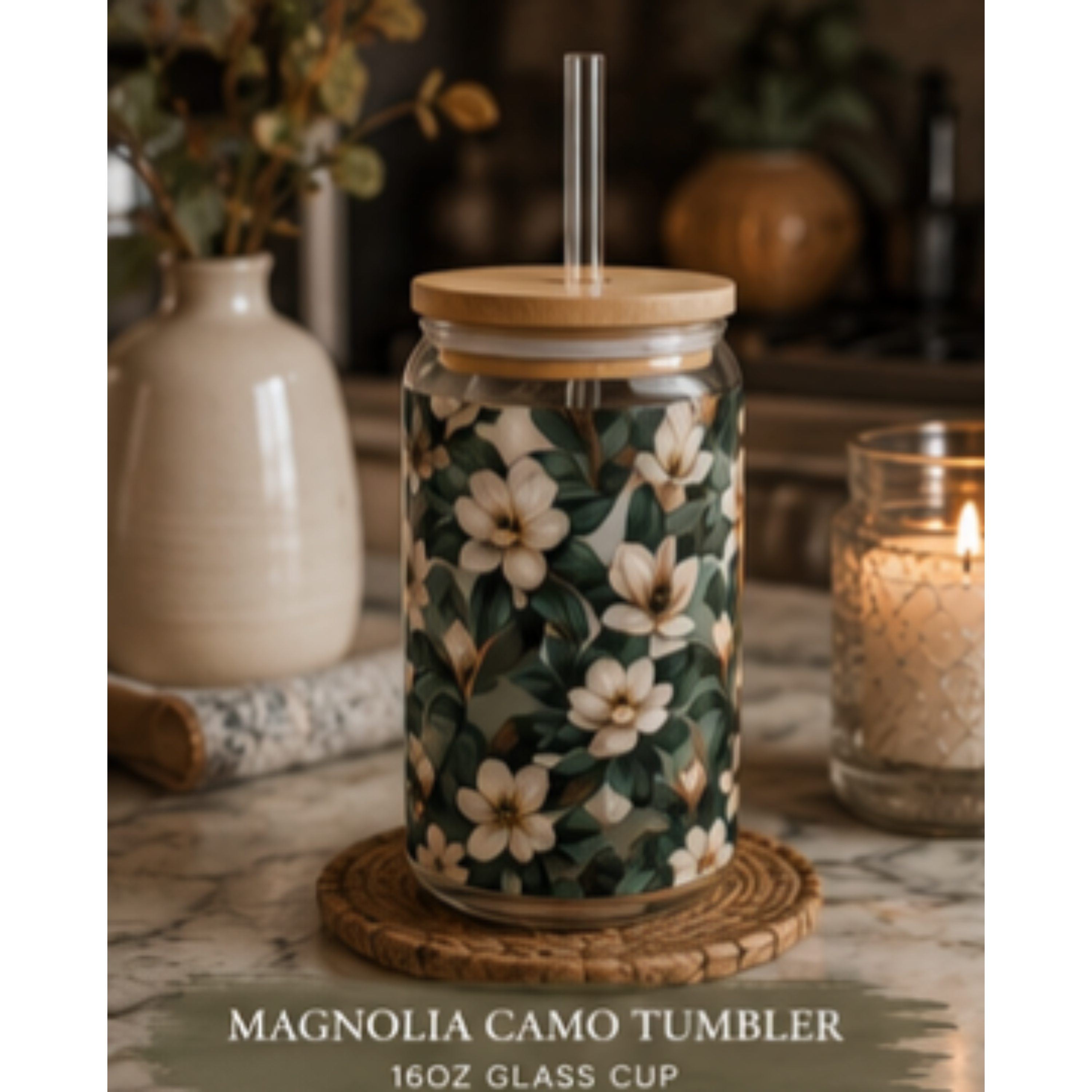 16oz Floral Sipper Glass with Bamboo Lid – Magnolia Drink Tumbler product thumbnail image 16oz Floral Sipper Glass with Bamboo Lid – Magnolia Drink Tumbler product thumbnail image