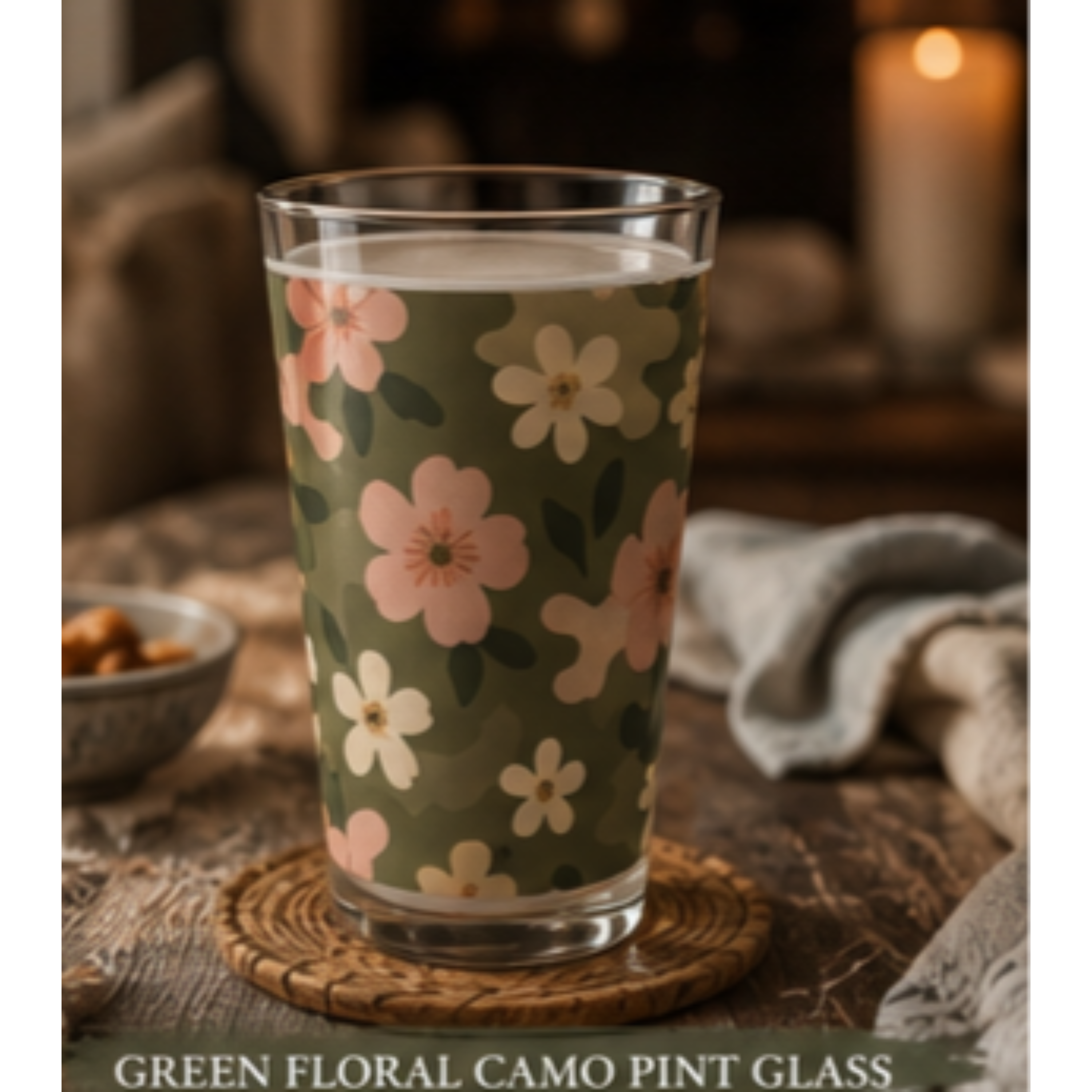 16oz Floral Pint Glass — Vintage Olive &amp; Blush Flower Beer Glass product thumbnail image