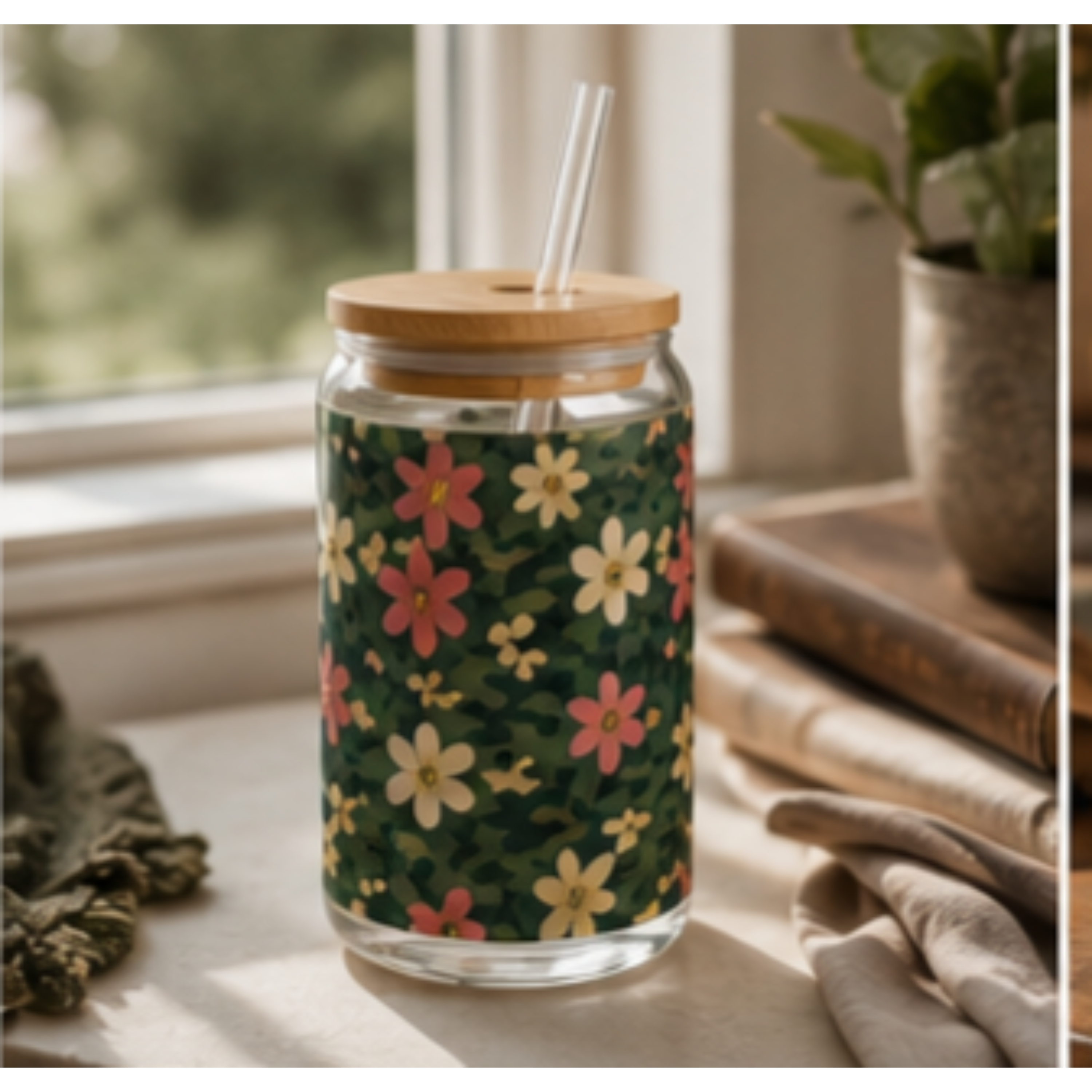 16oz Floral Sipper Glass - Tropical Pink & Cream Daisy Tumbler with Bamboo Lid product thumbnail image 16oz Floral Sipper Glass - Tropical Pink & Cream Daisy Tumbler with Bamboo Lid product thumbnail image
