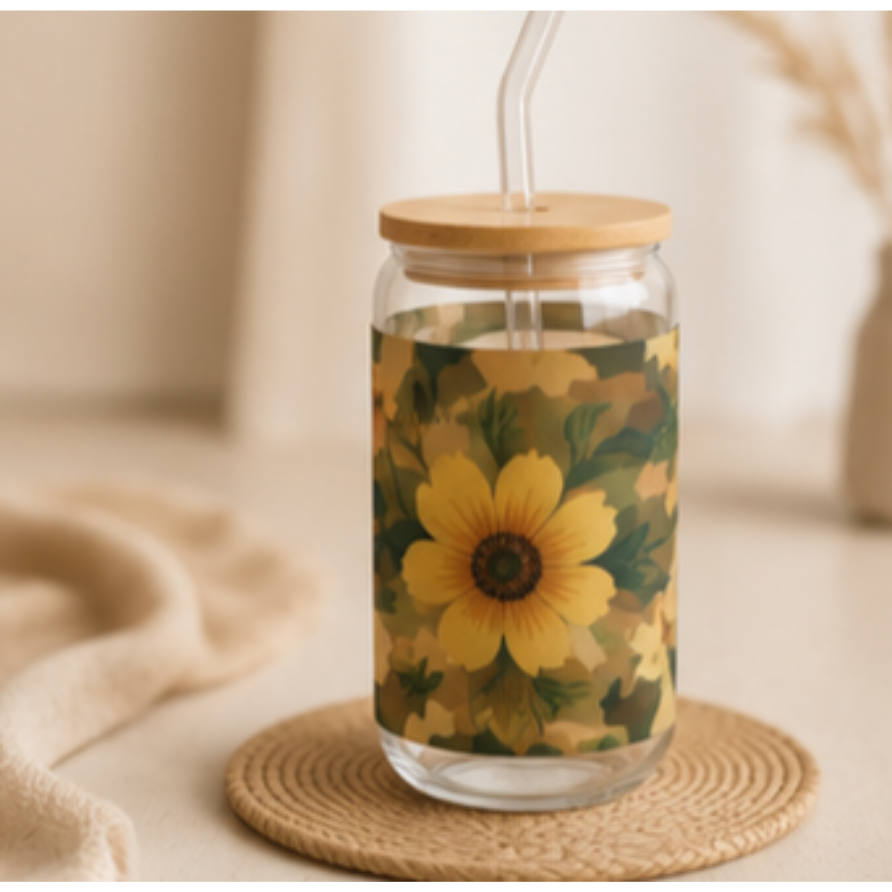 Sunflower Camo Sipper Glass — 16oz Floral Mason Jar Tumbler with Straw product thumbnail image Sunflower Camo Sipper Glass — 16oz Floral Mason Jar Tumbler with Straw product thumbnail image