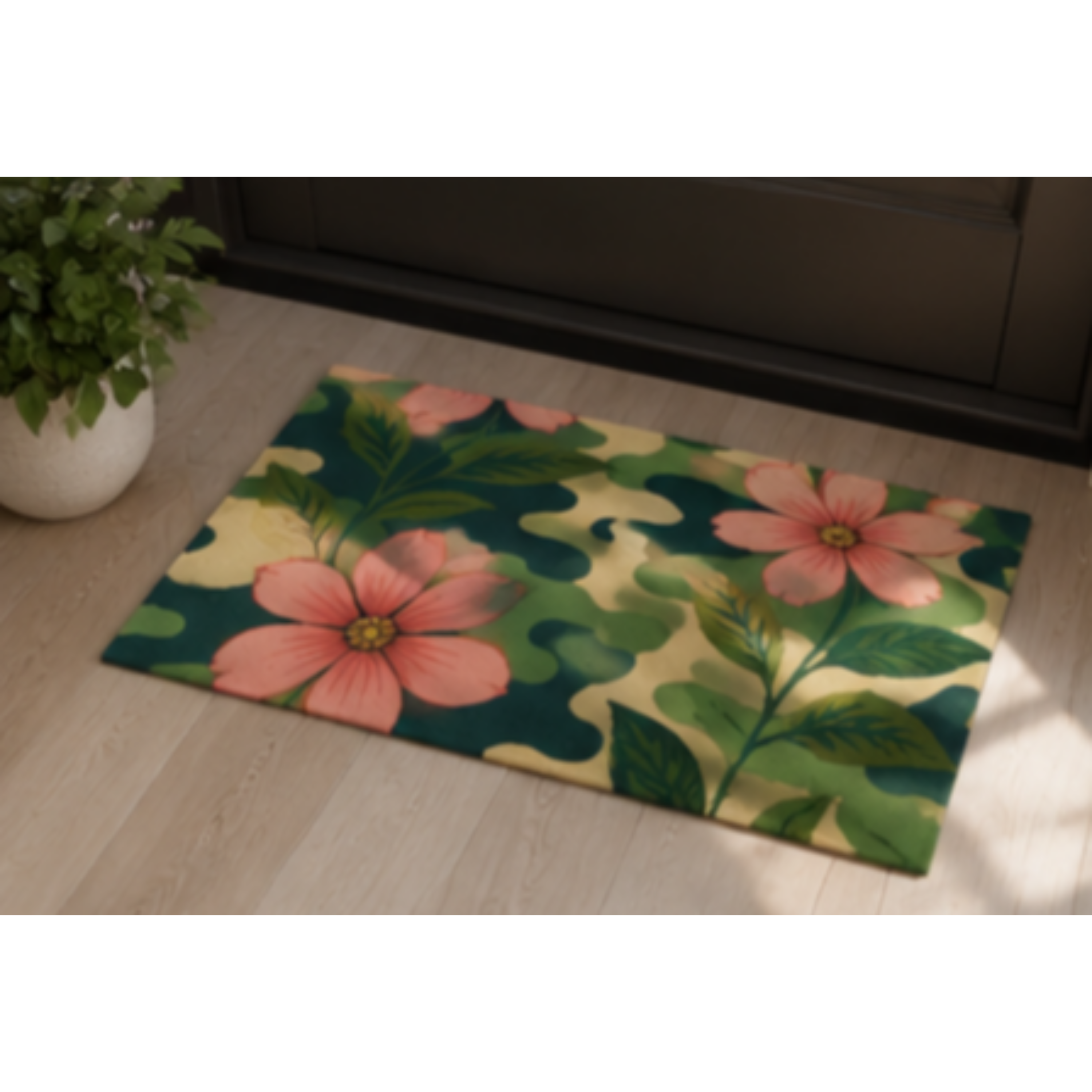 Floral Camouflage Outdoor Rug — Pink Flowers on Green Camo Patio Mat product thumbnail image Floral Camouflage Outdoor Rug — Pink Flowers on Green Camo Patio Mat product thumbnail image