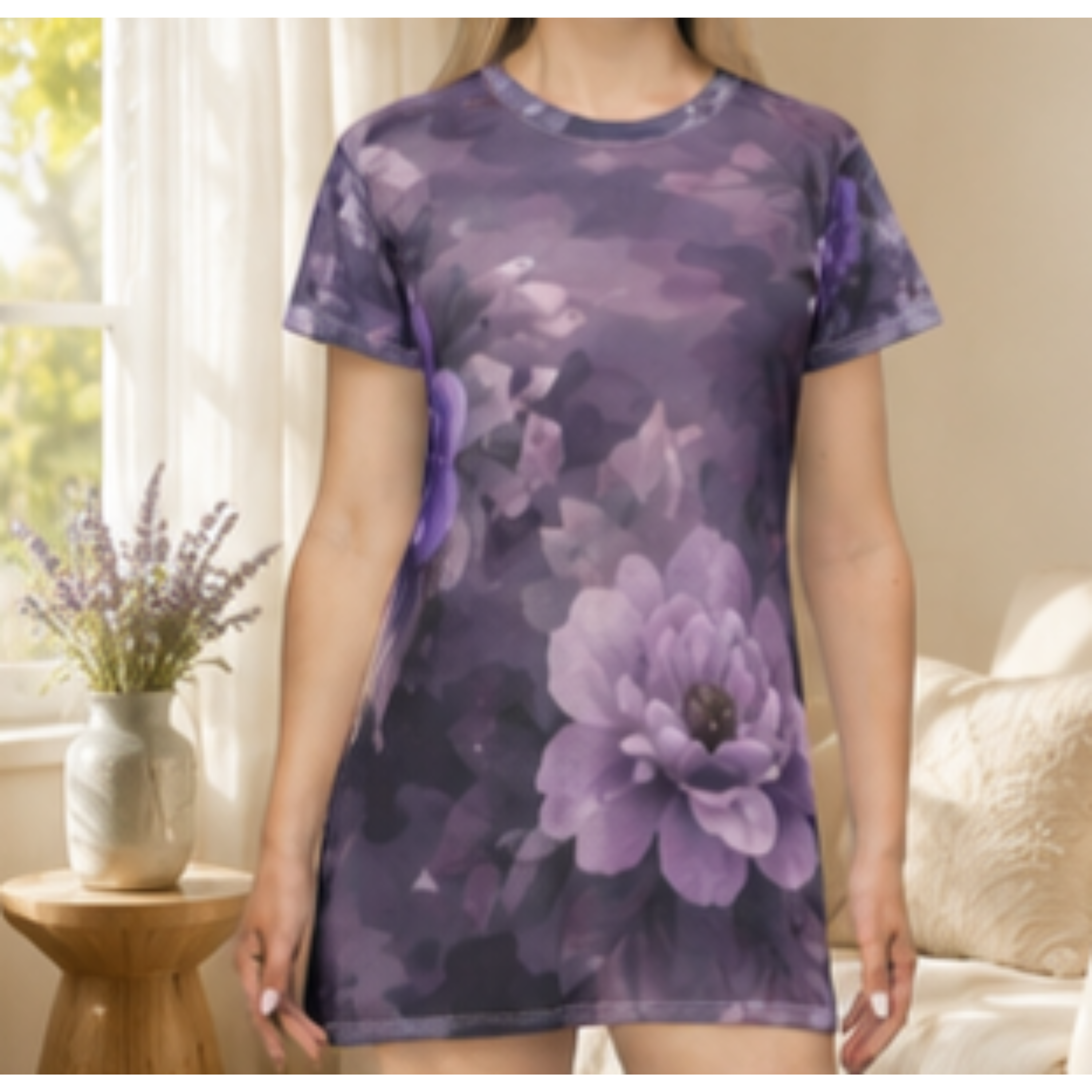Floral Purple Dahlia T-Shirt Dress — All-Over Print product thumbnail image