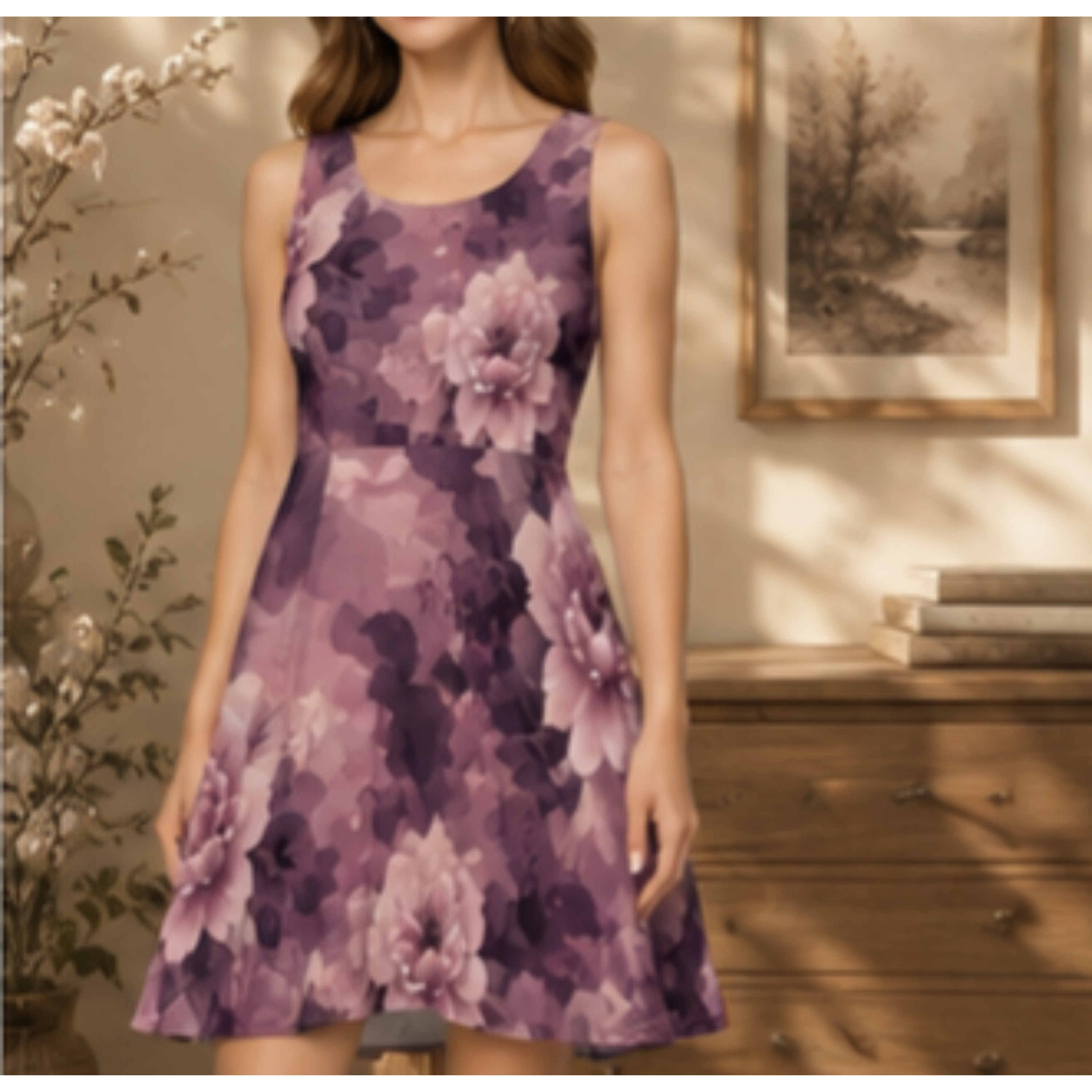 Floral Mauve Skater Dress – Rose Watercolor All-Over Print product thumbnail image