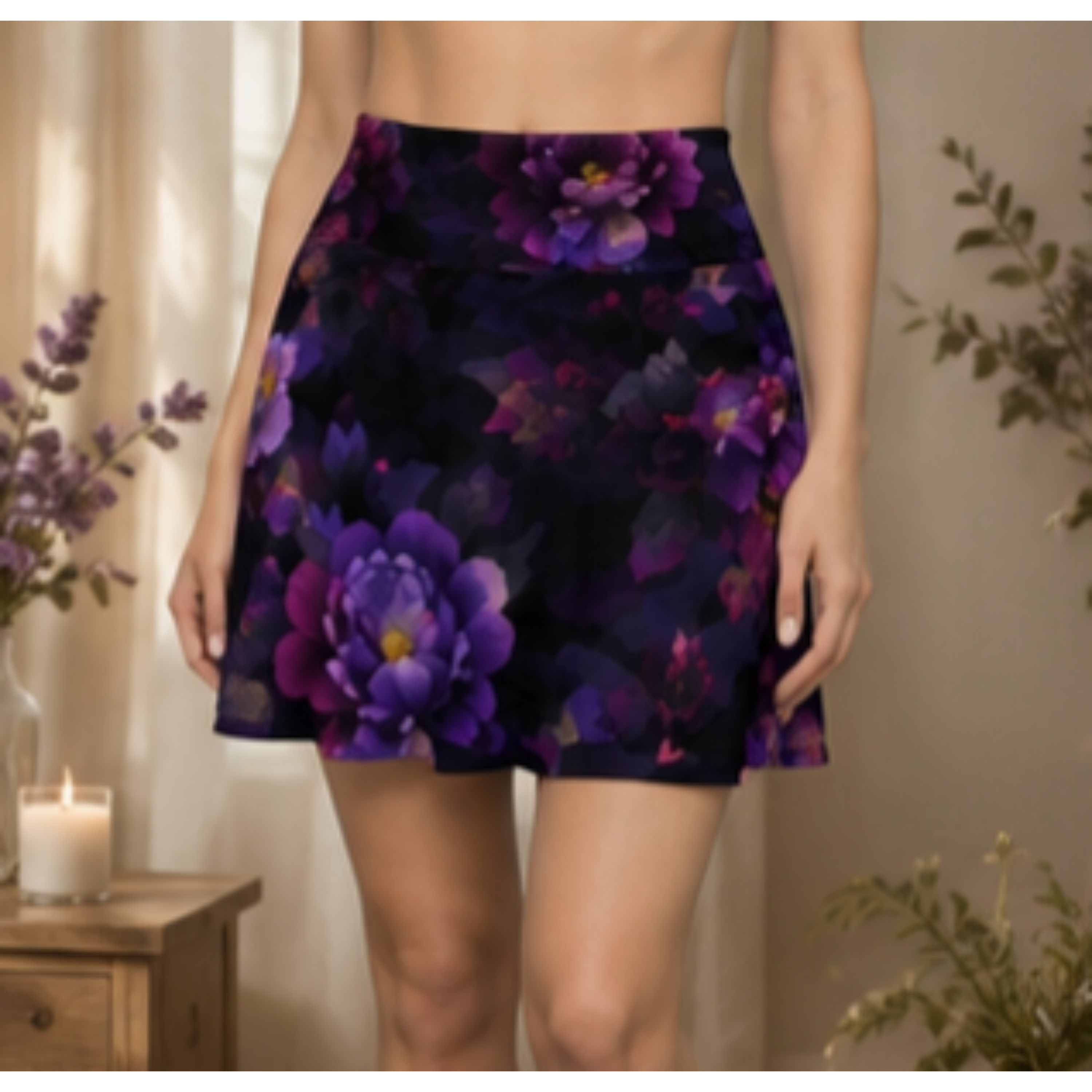 Floral Night Garden Skater Skirt — Purple &amp; Black All-Over Print product thumbnail image