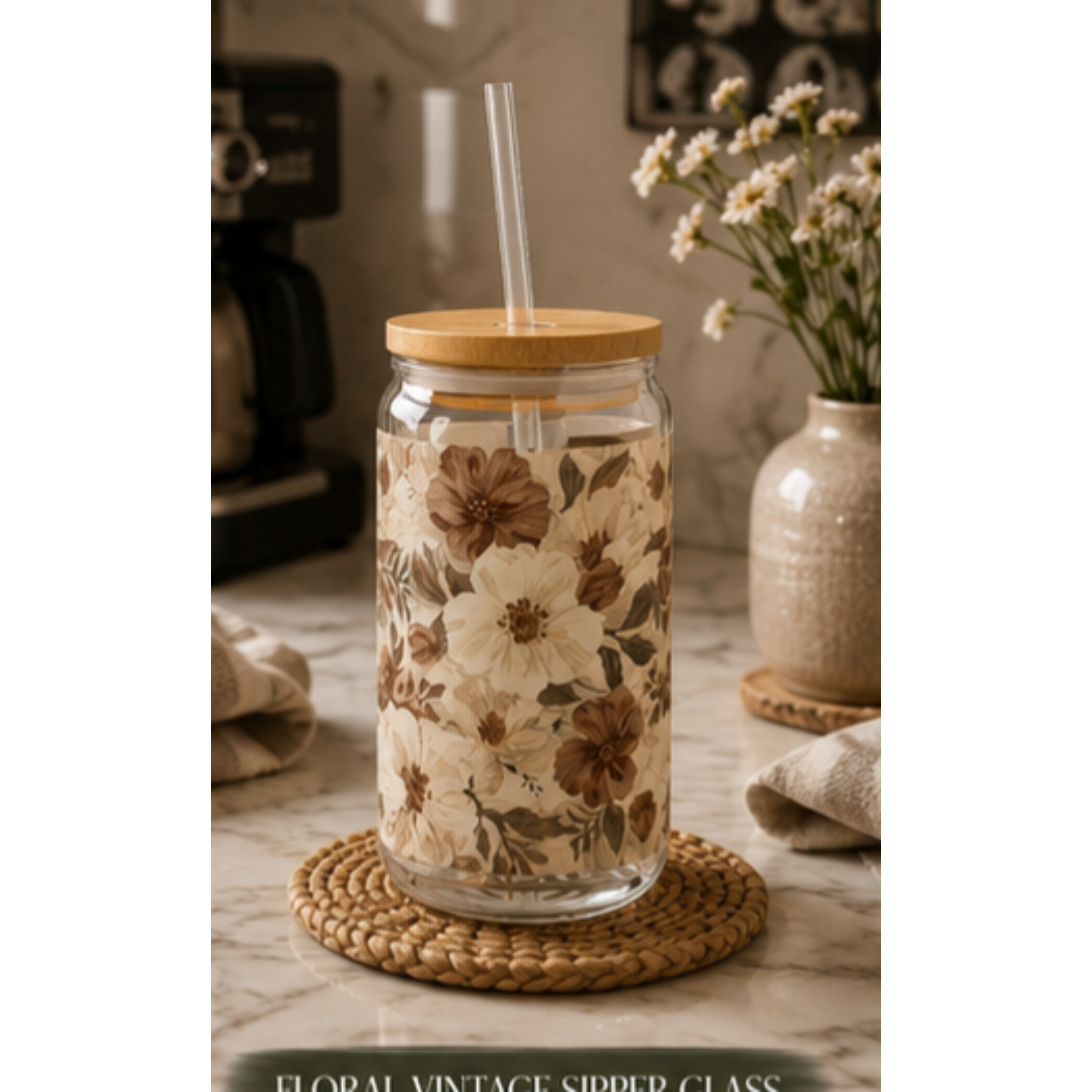 Floral Vintage Sipper Glass (16oz) — Rustic Brown Boho Flower Tumbler with Straw product thumbnail image