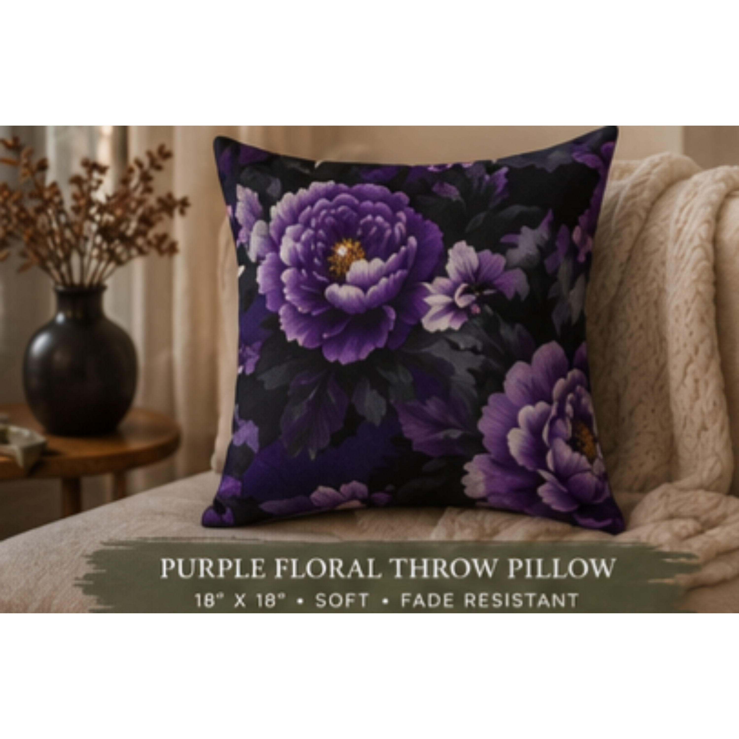Purple Floral Throw Pillow — Violet Peony Decorative Cushion product thumbnail image Purple Floral Throw Pillow — Violet Peony Decorative Cushion product thumbnail image