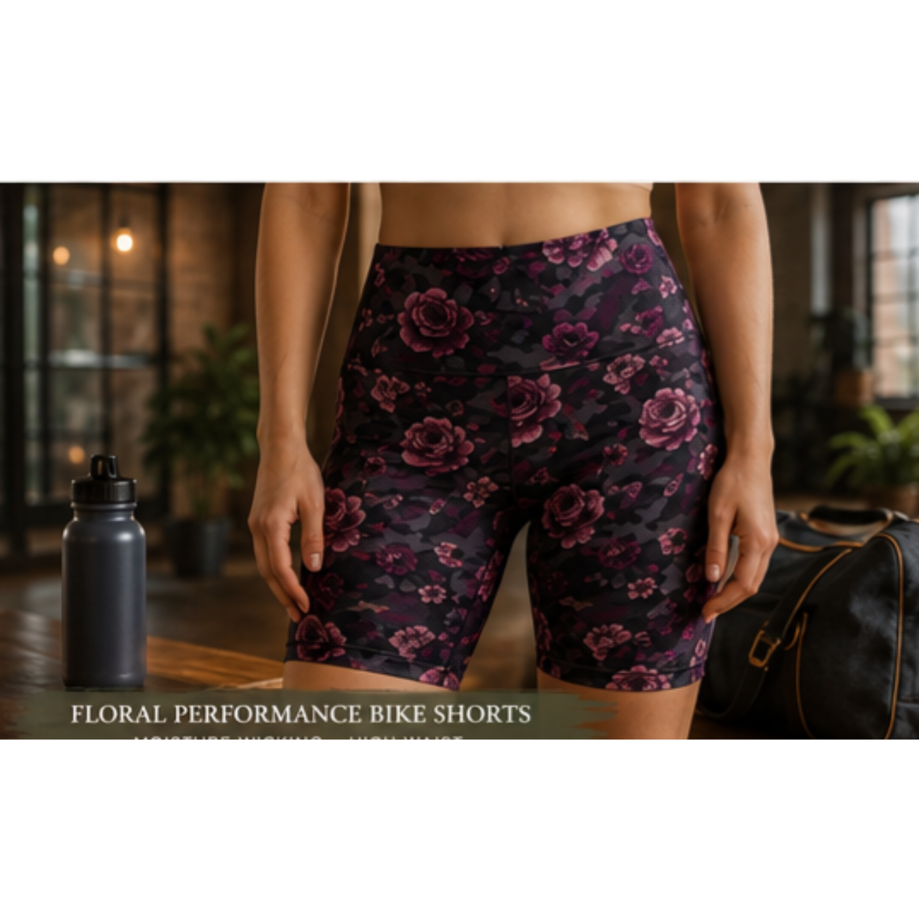Floral Performance Bike Shorts — Burgundy Rose All-Over Print product thumbnail image