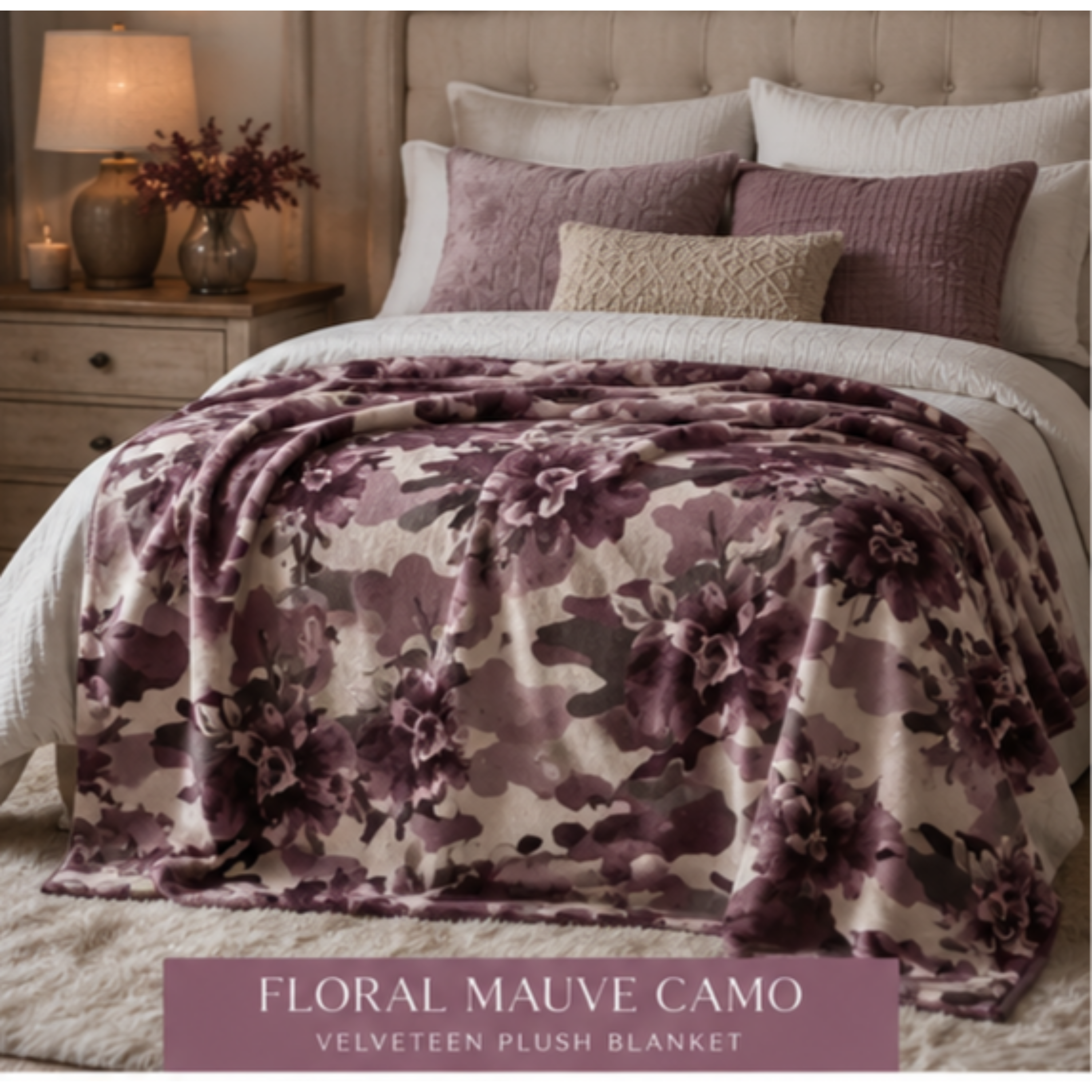 Floral Mauve Camo Velveteen Plush Blanket — Soft Decorative Throw for Bedroom &amp; Gift product thumbnail image