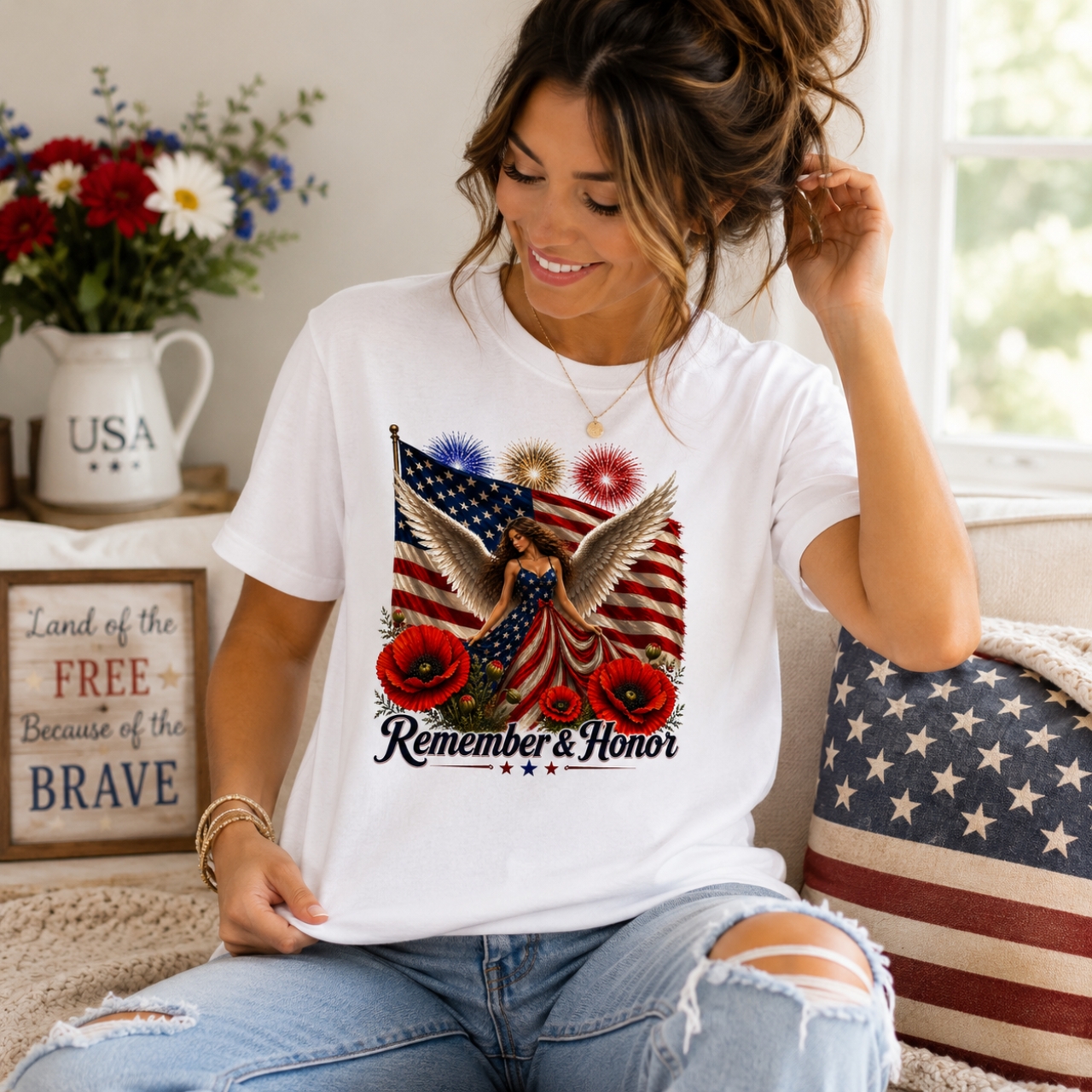 Remember &amp; Honor Angel Patriotic Shirt | Americana Memorial Tee product thumbnail image