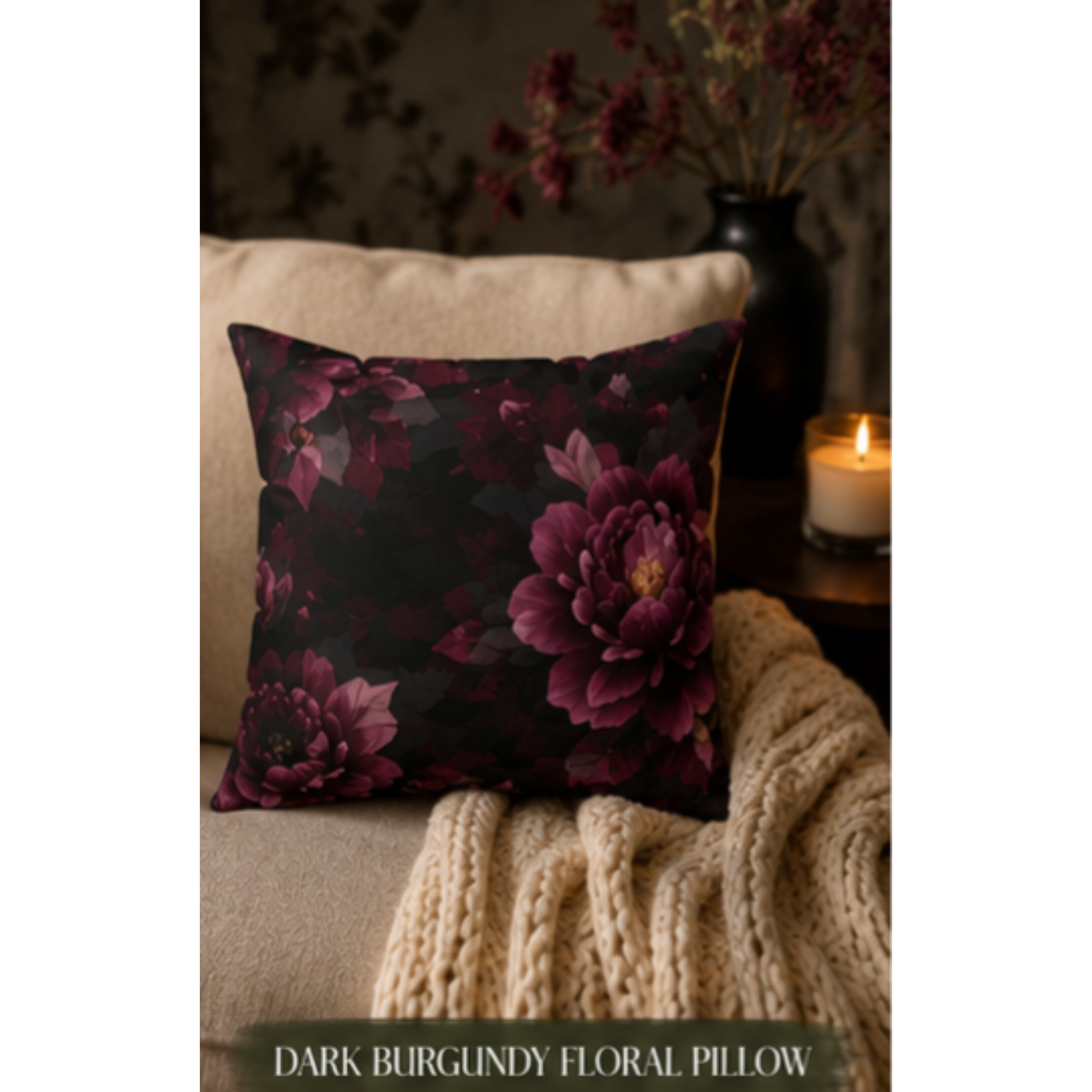 Dark Burgundy Floral Pillow - Moody Peony Decorative Throw Cushion product thumbnail image Dark Burgundy Floral Pillow - Moody Peony Decorative Throw Cushion product thumbnail image