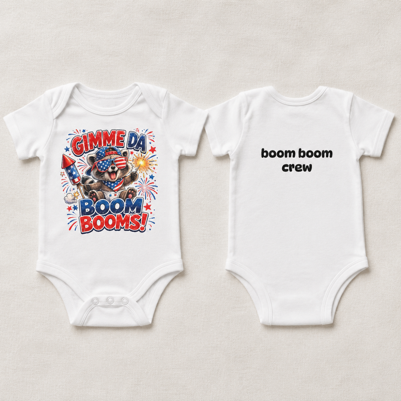 Gimme Da Boom Booms Infant Bodysuit — Patriotic Raccoon 4th of July "Boom Boom Crew" Onesie product thumbnail image Gimme Da Boom Booms Infant Bodysuit — Patriotic Raccoon 4th of July "Boom Boom Crew" Onesie product thumbnail image