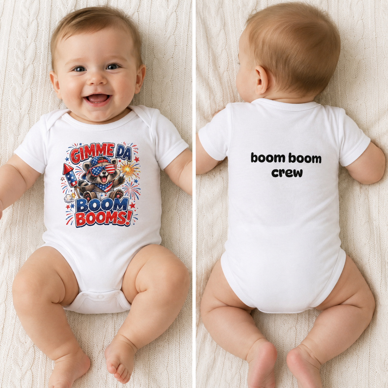 Gimme Da Boom Booms Infant Bodysuit — Patriotic Raccoon 4th of July "Boom Boom Crew" Onesie