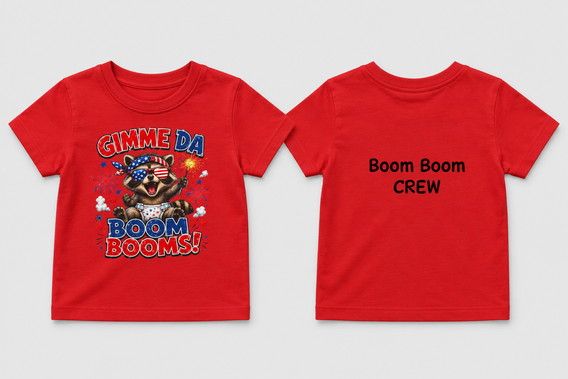 Infant Tee — "Gimme Da Boom Booms" Patriotic Raccoon 4th of July Baby Tee (Boom Boom Crew) product thumbnail image