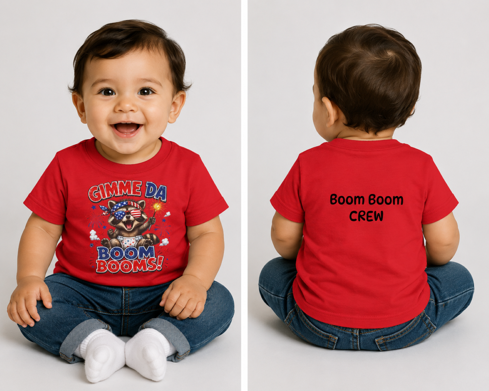 Infant Tee — "Gimme Da Boom Booms" Patriotic Raccoon 4th of July Baby Tee (Boom Boom Crew)