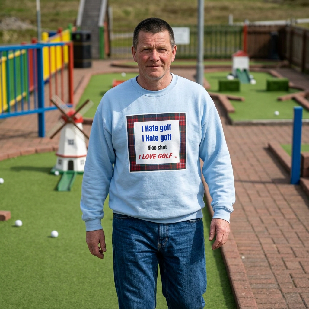 Golf Lover Crewneck Sweatshirt — "I Hate Golf, I Love Golf" Plaid Design