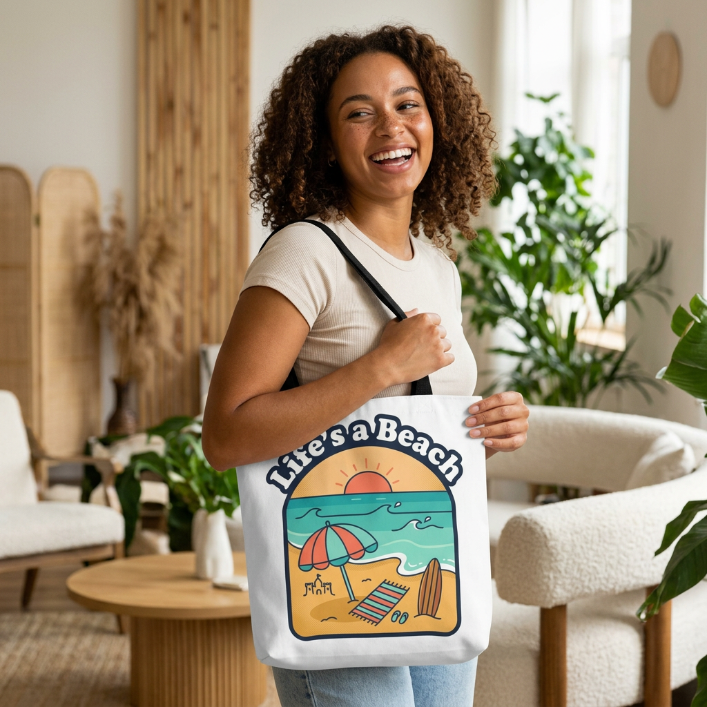 Life's a Beach Tote Bag — Retro Beach Scene Canvas Tote product thumbnail image