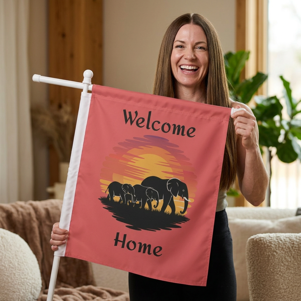 Welcome Home Elephant Garden Flag – Sunset Family Yard Banner product thumbnail image