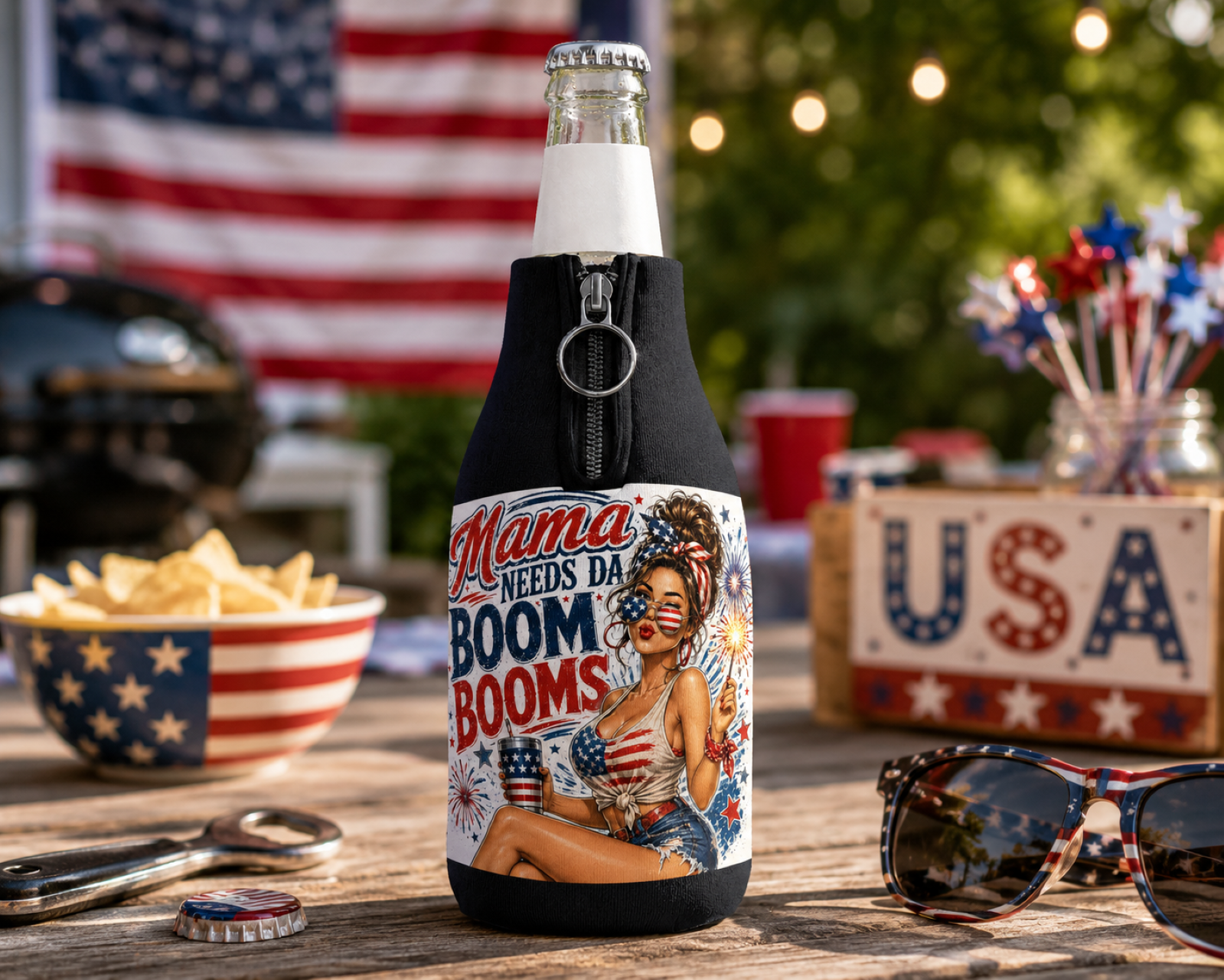 "Mama Needs Da Boom Booms" Bottle Insulated Sleeve — Patriotic Pin-Up 4th of July Cooler Sleeve product thumbnail image "Mama Needs Da Boom Booms" Bottle Insulated Sleeve — Patriotic Pin-Up 4th of July Cooler Sleeve product thumbnail image