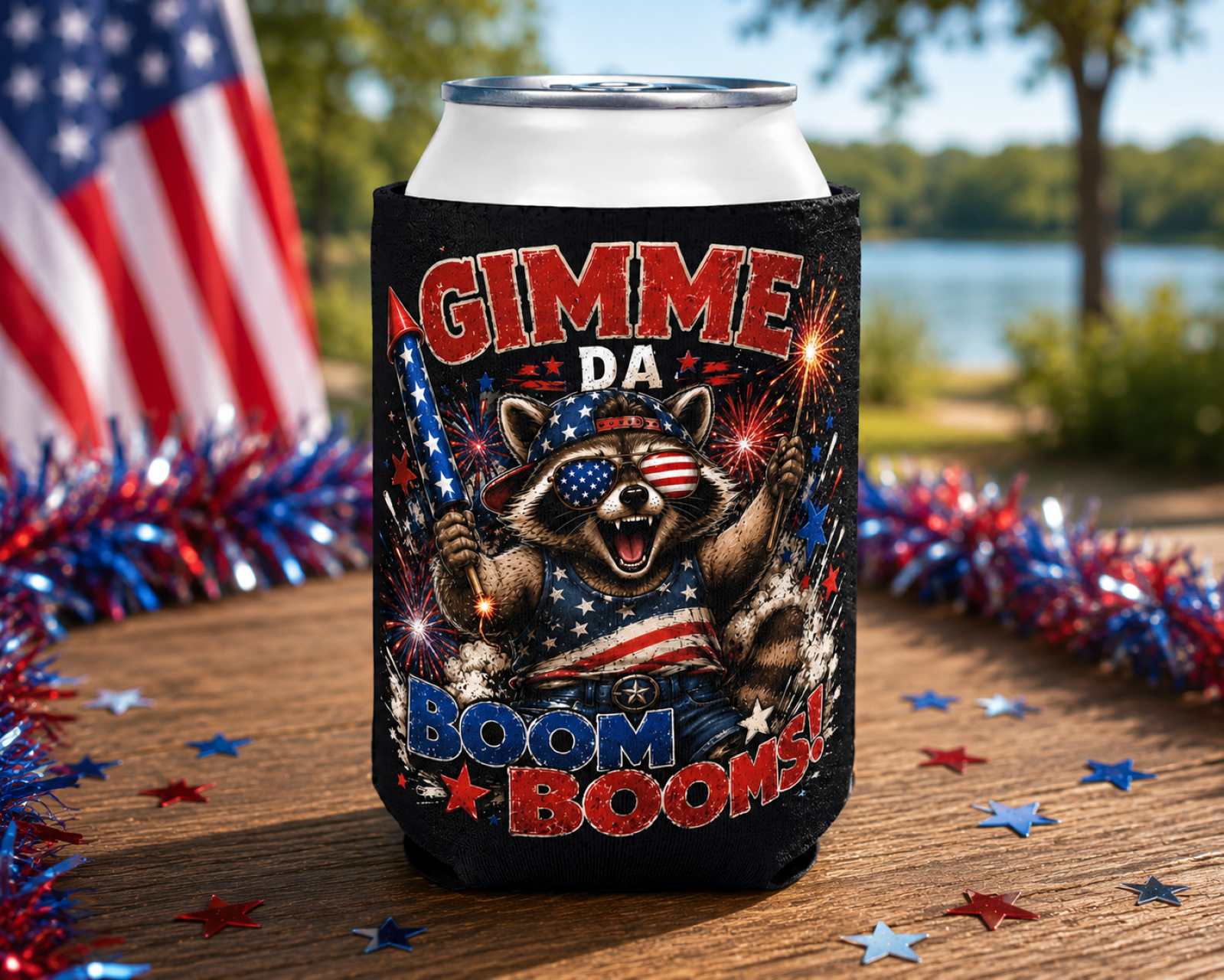 Can Cooler Sleeve: 'Gimme Da Boom Booms' Patriotic Raccoon 4th of July Insulated Sleeve