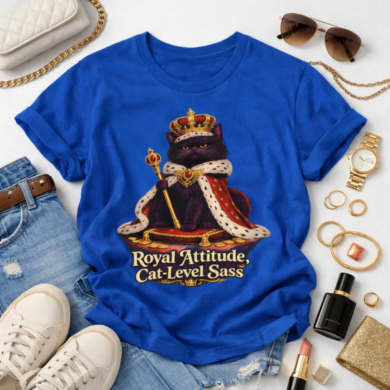 Cat T-Shirt - "Royal Attitude, Cat-Level Sass" Crowned Cat Graphic Tee