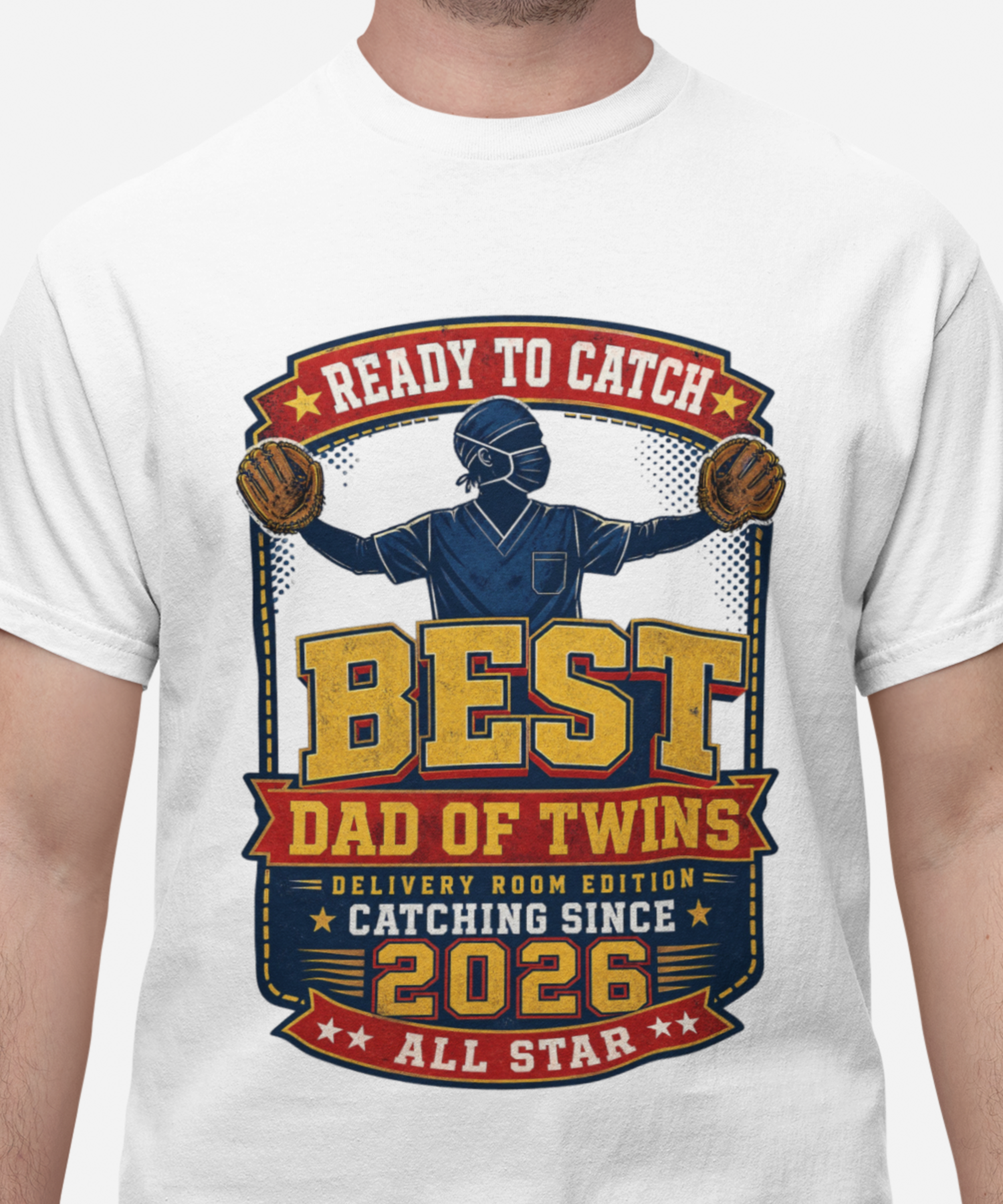 "Ready to Catch - Dad of Twins" Gildan Adult Unisex T-Shirt, Dad Humor, Baseball Aesthetic, Vintage Athletic Varsity Style, Expectant Father, Father's Day Gift product thumbnail image